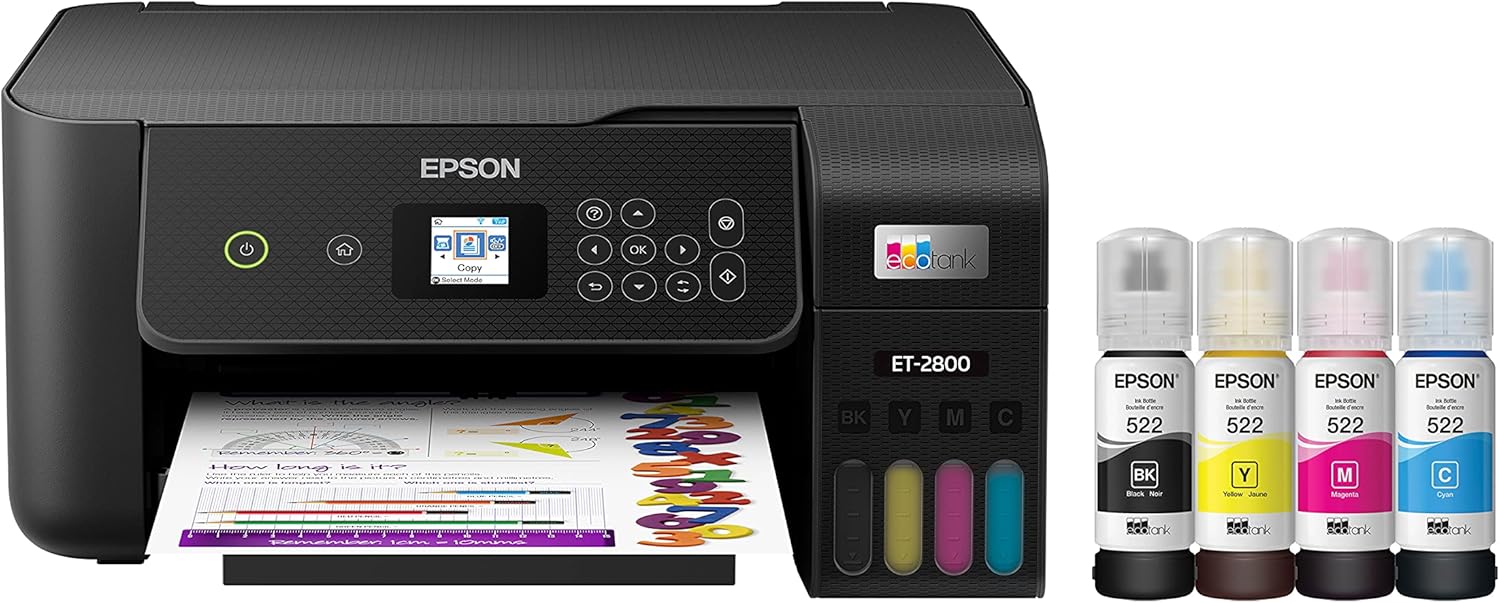Epson EcoTank ET-2800 Wireless Color All-in-One Cartridge-Free Supertank Printer with Scan and Copy â€“ The Ideal Basic Home Printer - Black, Medium