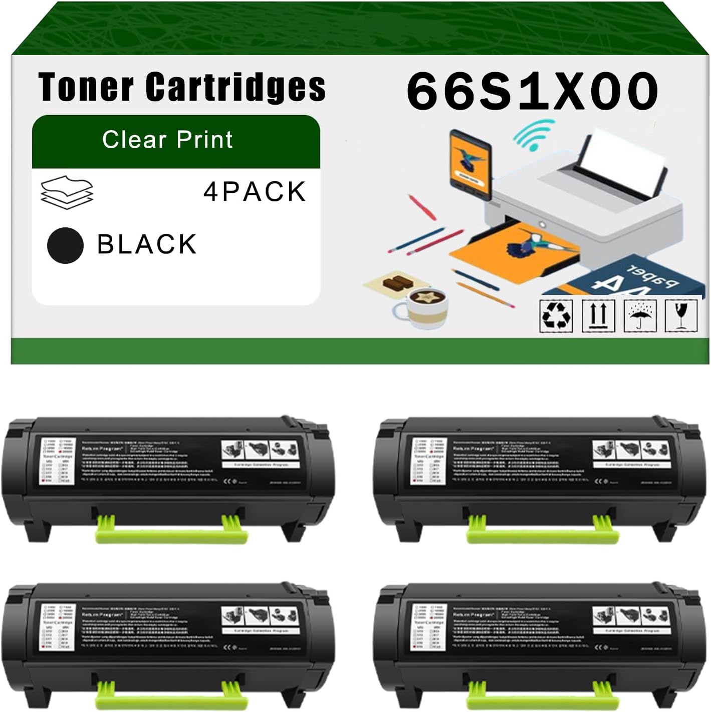 Compatible for Lexmark 66S1X00 66S0XA0 Toner Cartridges MS631dw MX632adwe MS632dwe Printers, High Yield 41000 Pages Bright Clear Colors (4 Pack Black)