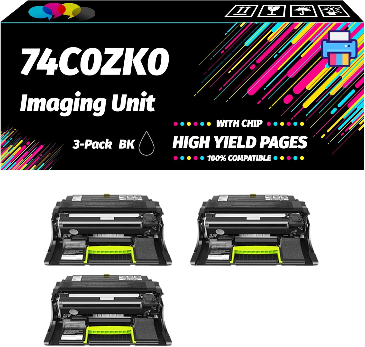 Compatible with Lexmark 74C0ZK0 Imaging Unit Work for Lexmark C4150 CS720de CS720dte Printers, High Yield 150000 Pages, Professional Printing with Chip (3 Pack Black)