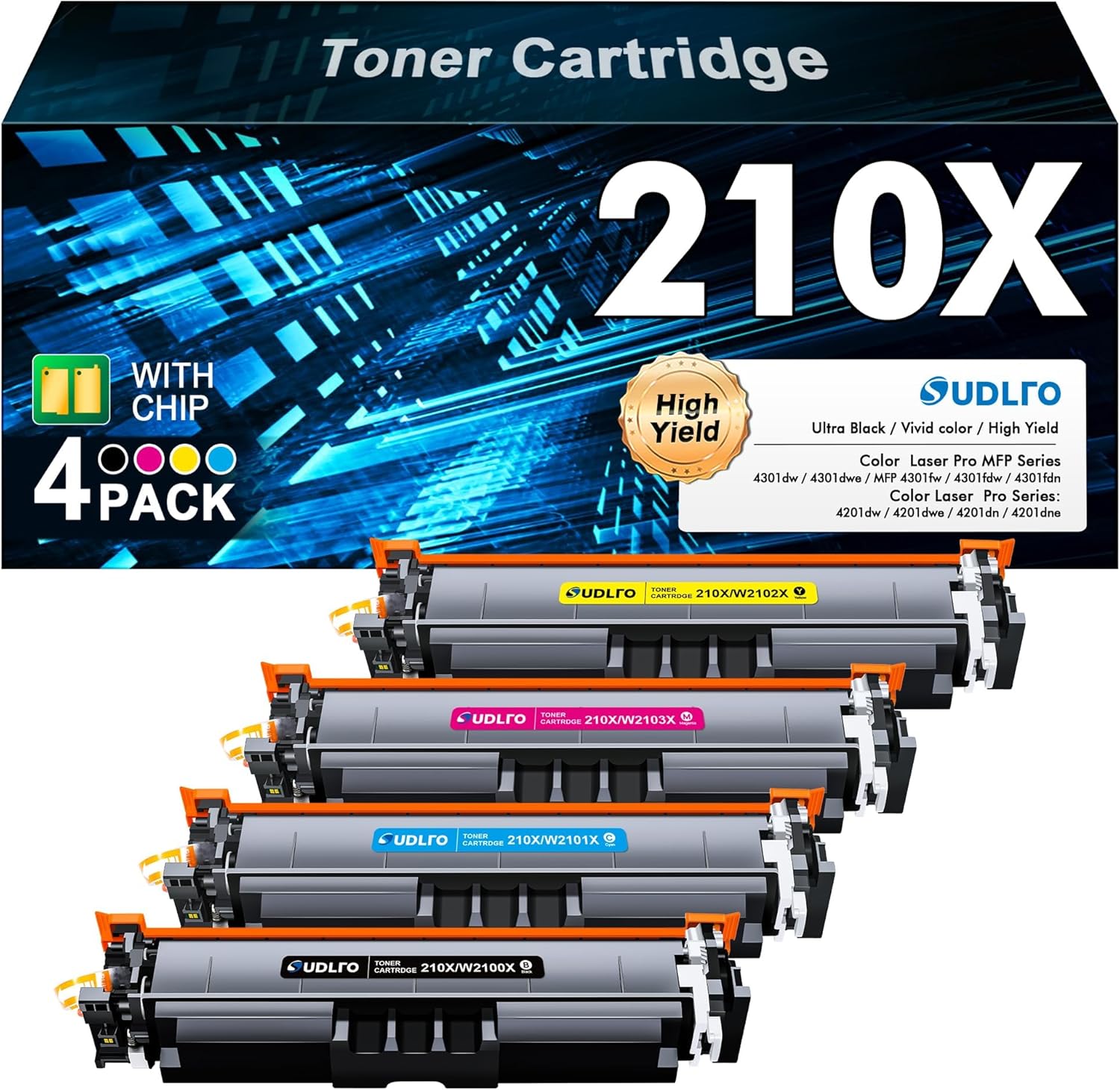 210X 210A Toner Cartridges 4 Pack - MFP 4301fdw Toner Replacement for HP 210A Toner Cartridges HP 210X Work with HP 4301fdw Toner cartridges Pro MFP 4201dw 4201dn 4301 Printer Ink, W2100X W2100A 210X
