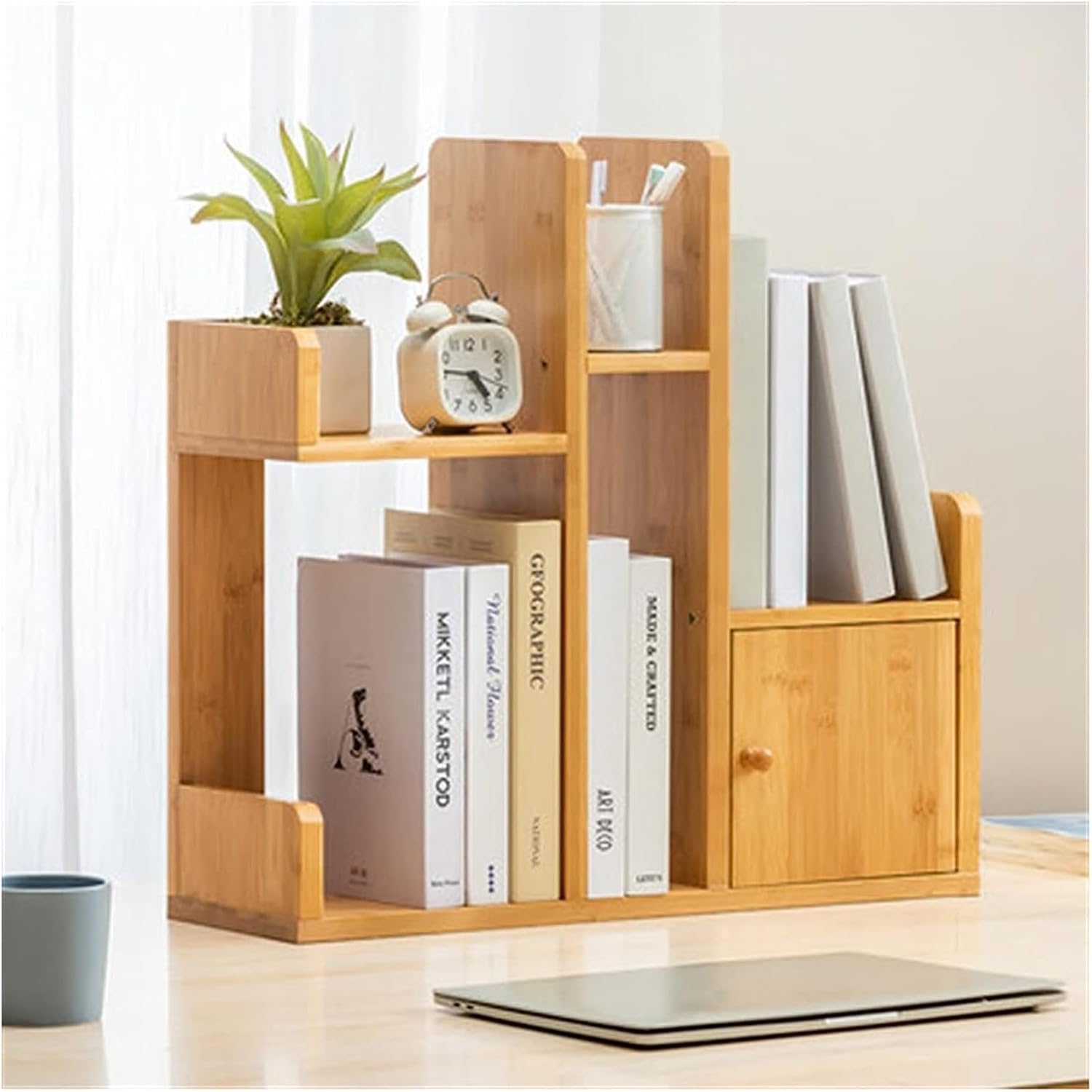TiStm Bookshelf Bookshelf Simple Small Bookshelf Rack Nordic Minimalist Desk Storage Rack Student Small Bookcase with Door (Color : Natural, Size : 58x18.5x56cm)