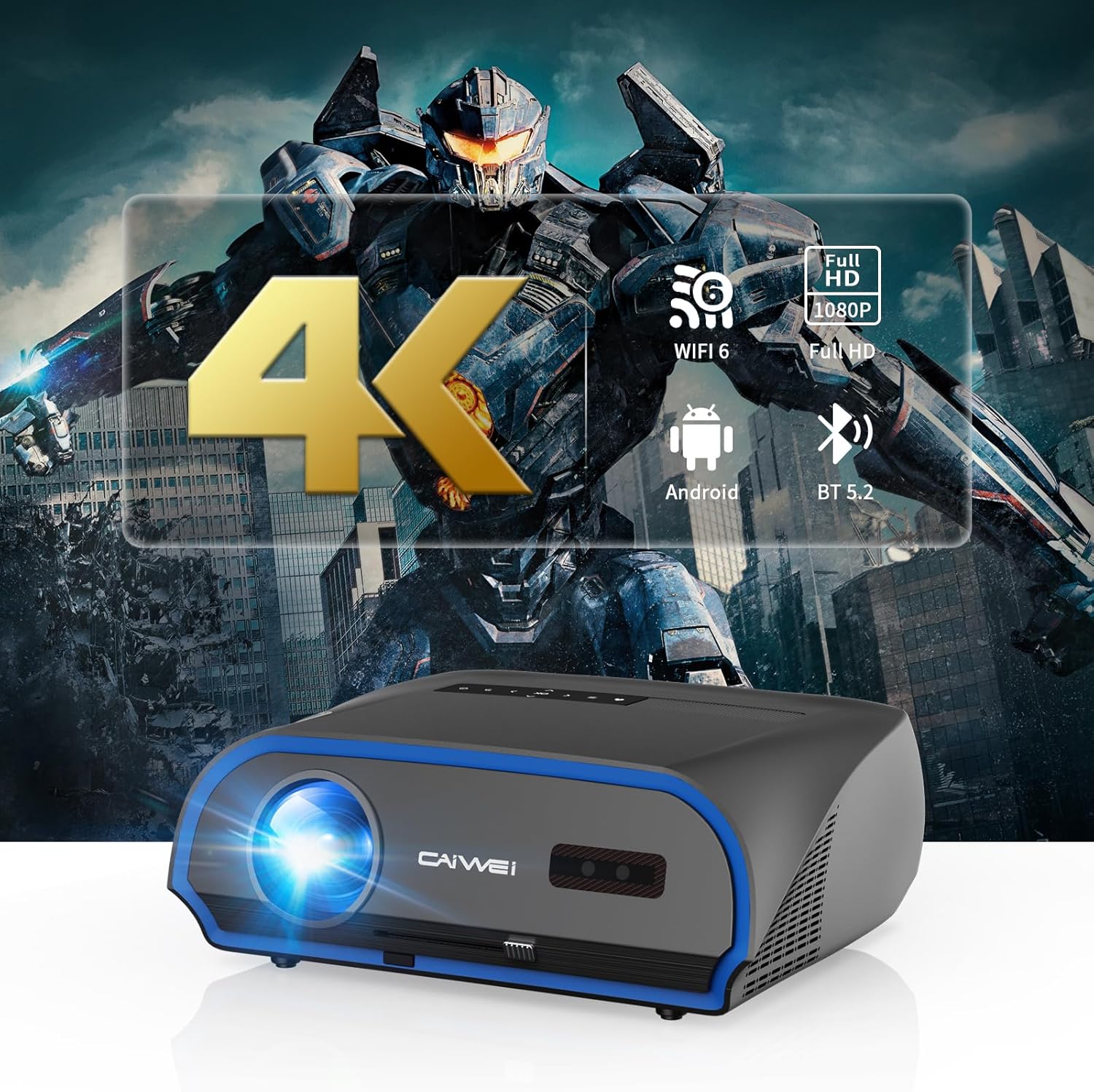 Smart 4K Projector 1800ANSI Lumens for Daylight Viewing,WiFi6/Bluetooth 5.2/NFC,300