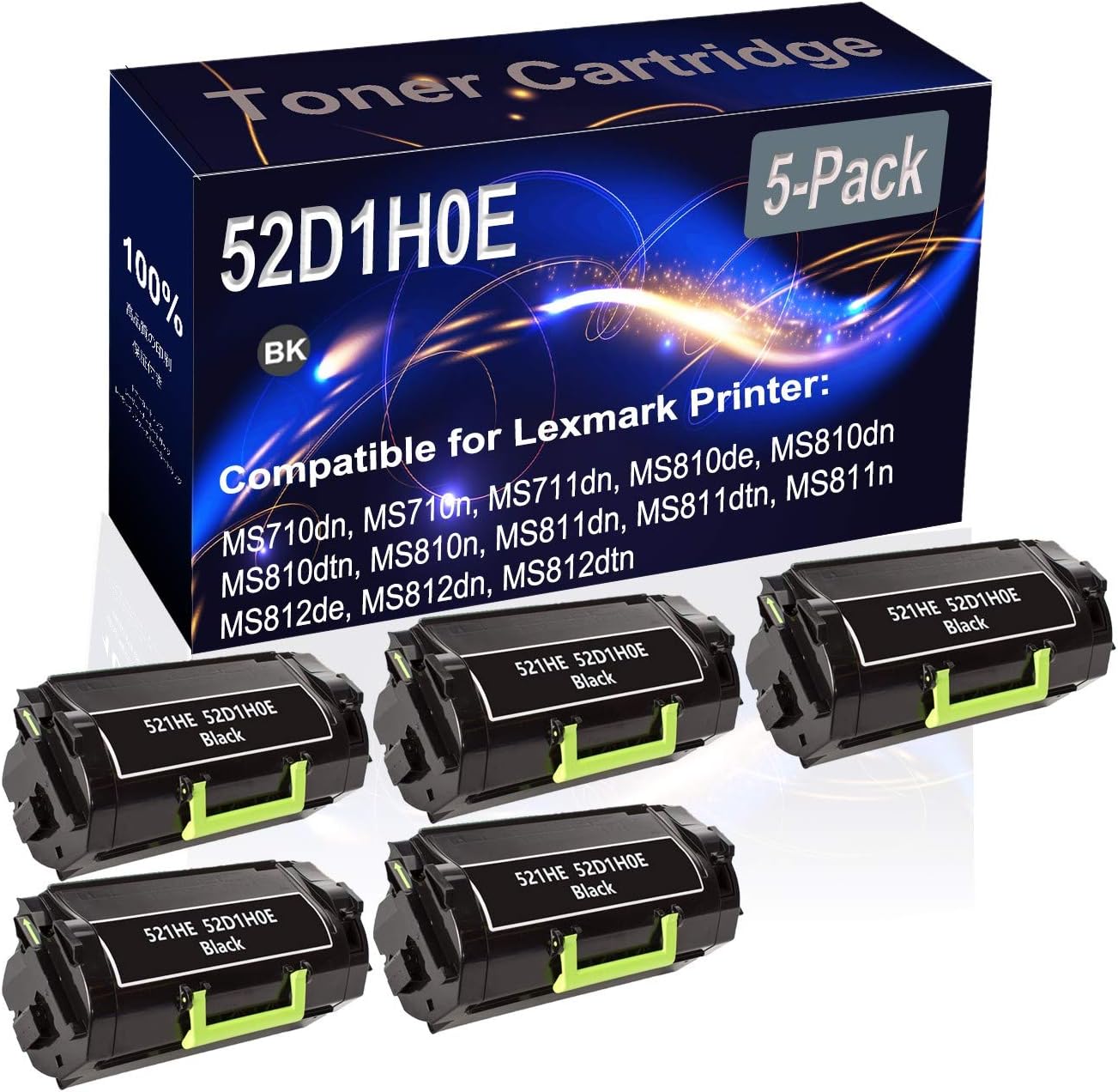 Kolasels 5-Pack (Black) Compatible High Yield 521HE 52D1H0E Printer Cartridge use for MS710dn MS710n MS711dn MS810de MS810dn MS810dtn Printer
