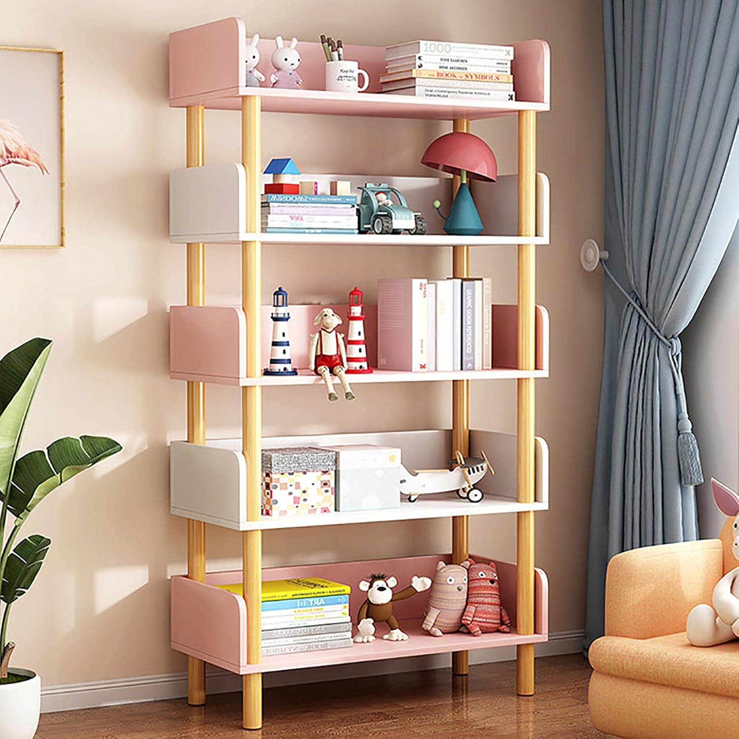 HM&DX Wooden Open Bookcase,Modern Display Rack Bookshelf,Stable Cubby Storage Shelf Organizer for Bedroom,Living Room,Nursery(5 Tier, Pink)