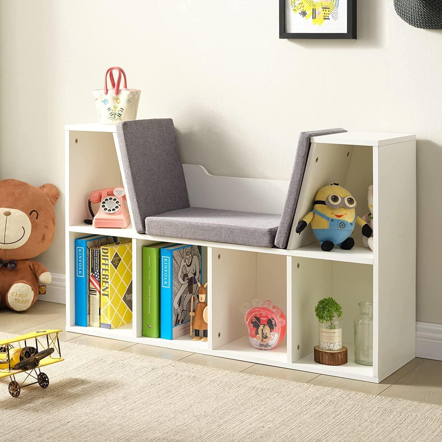 White Bookshelf with Storage Shelves and Reading Nook, Wood Bookcase with Thick Board and Cushioned Seat, 6 Cube Storage Organizer, Gift for Ages 3+