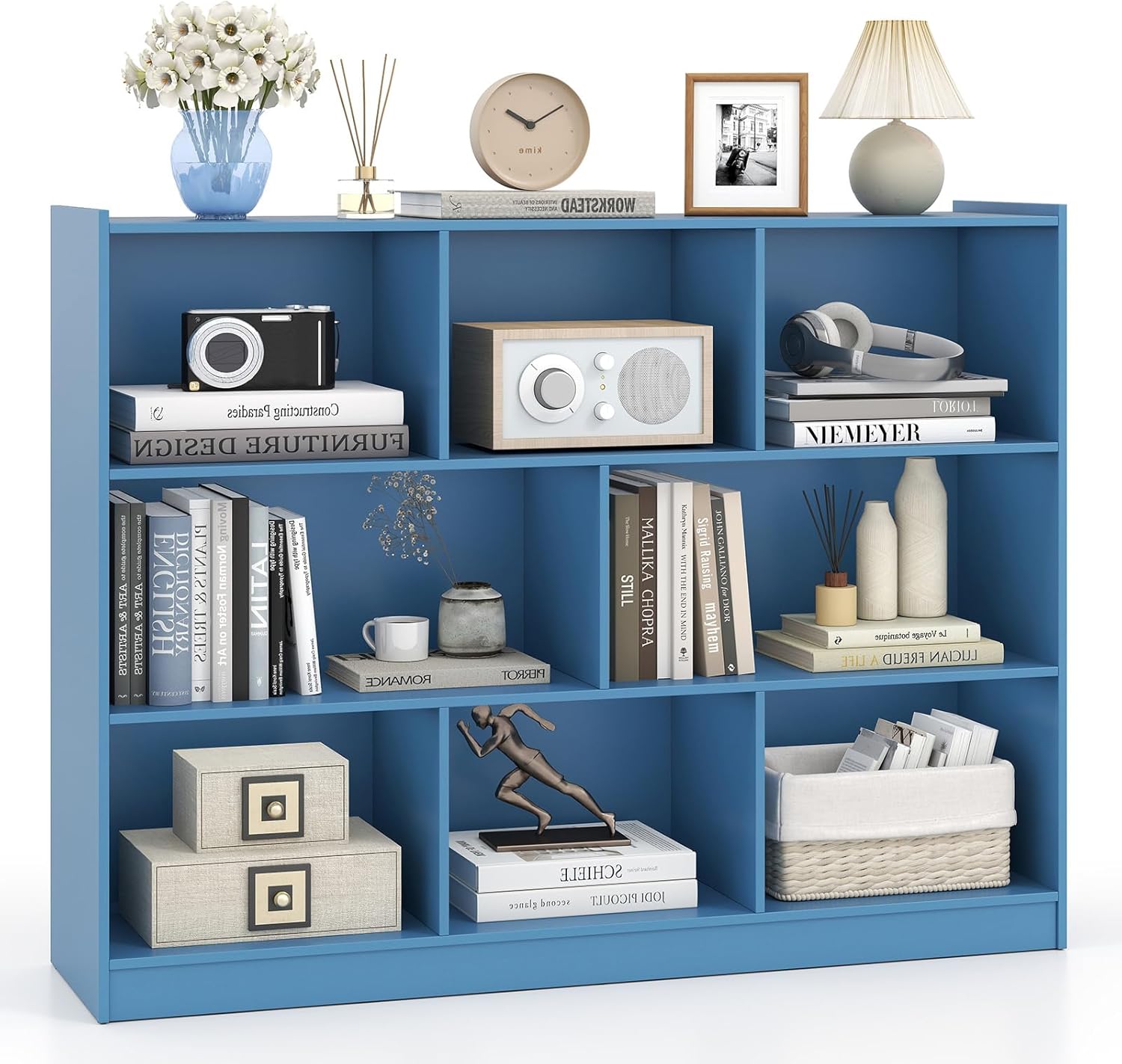 IFANNY 3 Tier Bookcase, Modern Bookshelf with 8 Storage Cubes, Wood Storage Cube Shelves, Small Bookshelves for Small Spaces, Book Shelf for Bedroom, Living Room, Home Office (Blue)