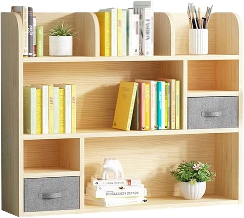 fhda Creativity Wooden Desktop Bookshelf with Drawers Freestanding Bookcase Desk Organizer Storage Rack Display Shelf for Office