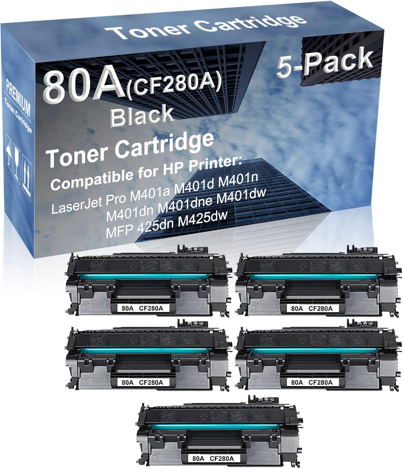 5-Pack Compatible High Capacity MFP 425dn M425dw Printer Toner Cartridge Replacement for (CF280A) 80A Printer Cartridge (Black)
