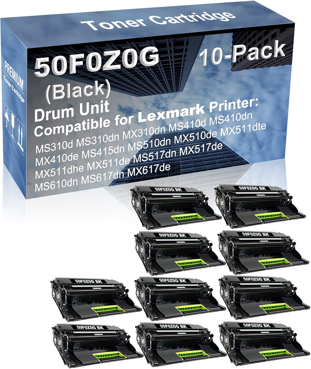 10-Pack (Black) Compatible MS415dn MS510dn MX510de MX511dte MX511dhe MX511de Printer Drum Unit Replacement for Lexmark 50F0Z0G Drum Kit