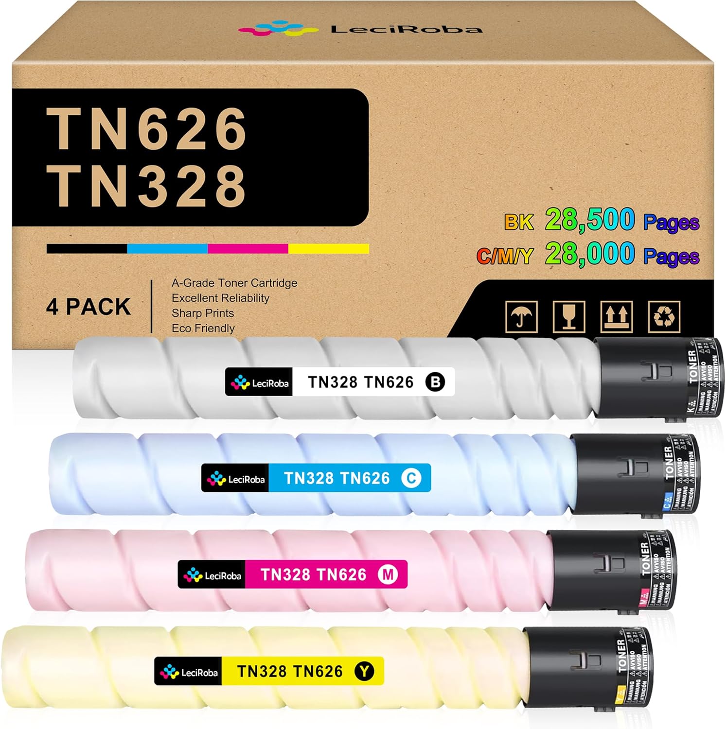 LeciRoba TN626 TN628 TN328 TN330 TN 626 28500-High-Pages-Yield Toner Cartridge Replacement for Konica Minolta Bizhub C300i C360i C250i C7130i C450i C550i C650i Printer (4-Pack, K/C/M/Y)