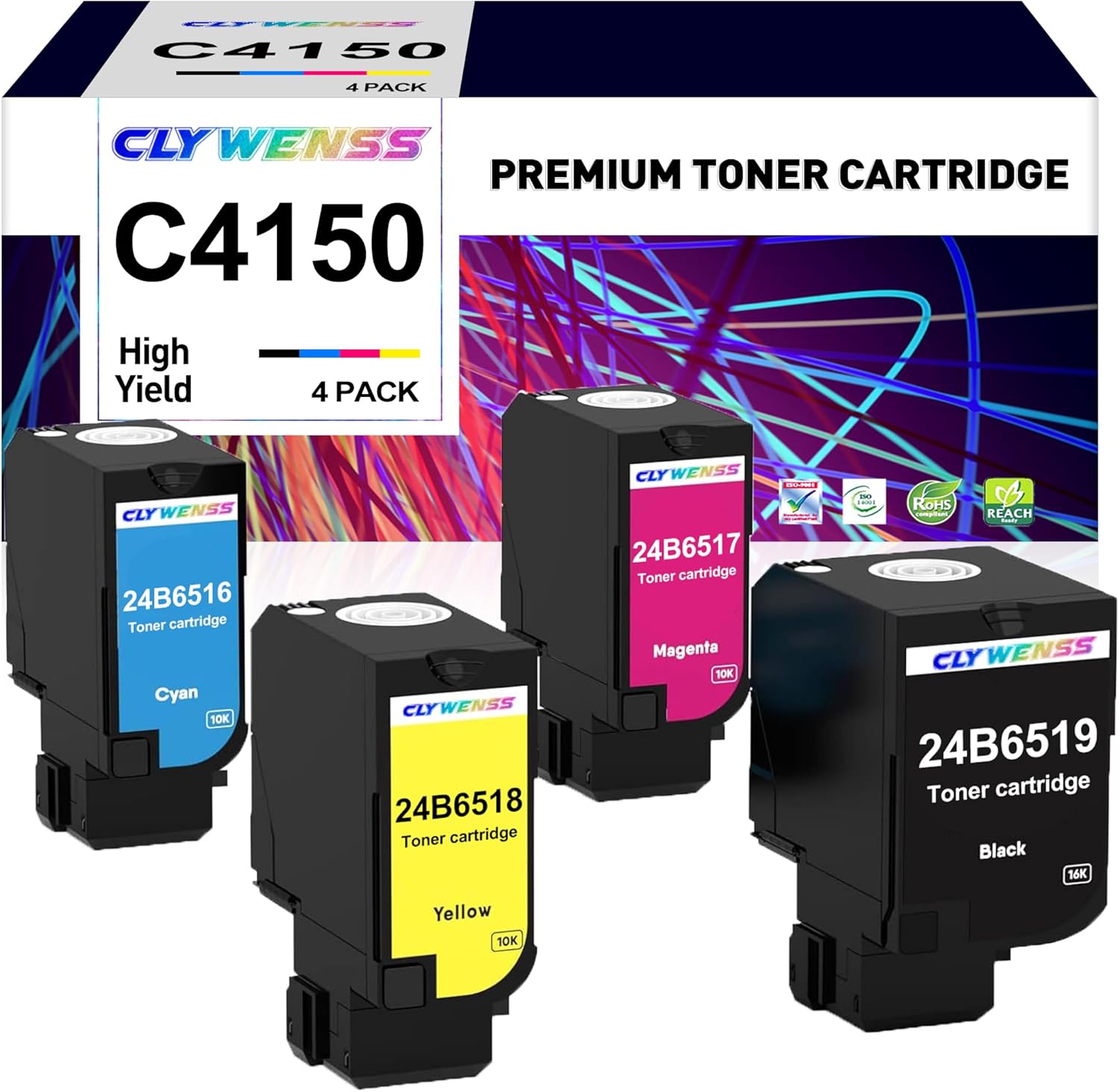 CLYWENSS Remanufactured C4150 Toner Cartridge Replacement for Lexmark 24B6519 24B6516 24B6517 24B6518 for C4150 Printer (16,000 Pages High Yeild, Black Cyan Magenta Yellow, 4 Pack)