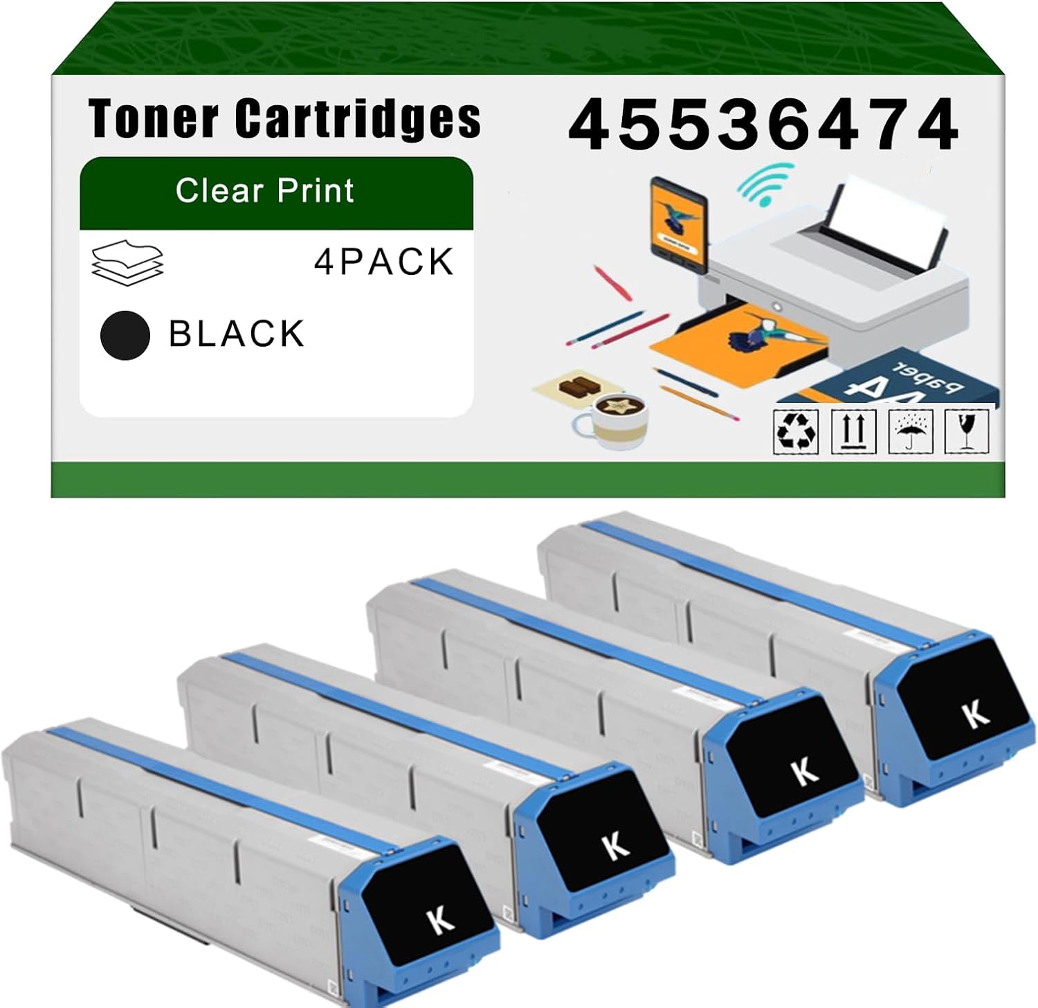 AGNNQ Compatible for Okidata OKI 45536474 Toner Cartridges 45536473 45536472 45536471 Pro9541WT Printers, High Yield 48000 Pages Bright Clear Colors (4 Pack Black)
