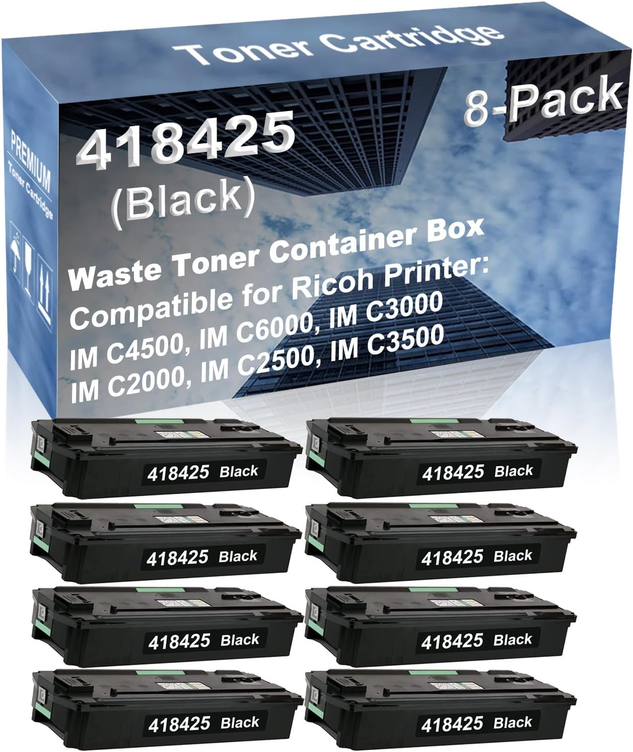 8-Pack Compatible High Capacity Savin Lanier IM C4500, IM C6000, IM C3000, IM C2000, IM C2500, IM C3500 Printer Waste Toner Container Box Replacement for Ricoh 418425 Printer Cartridge (Black)