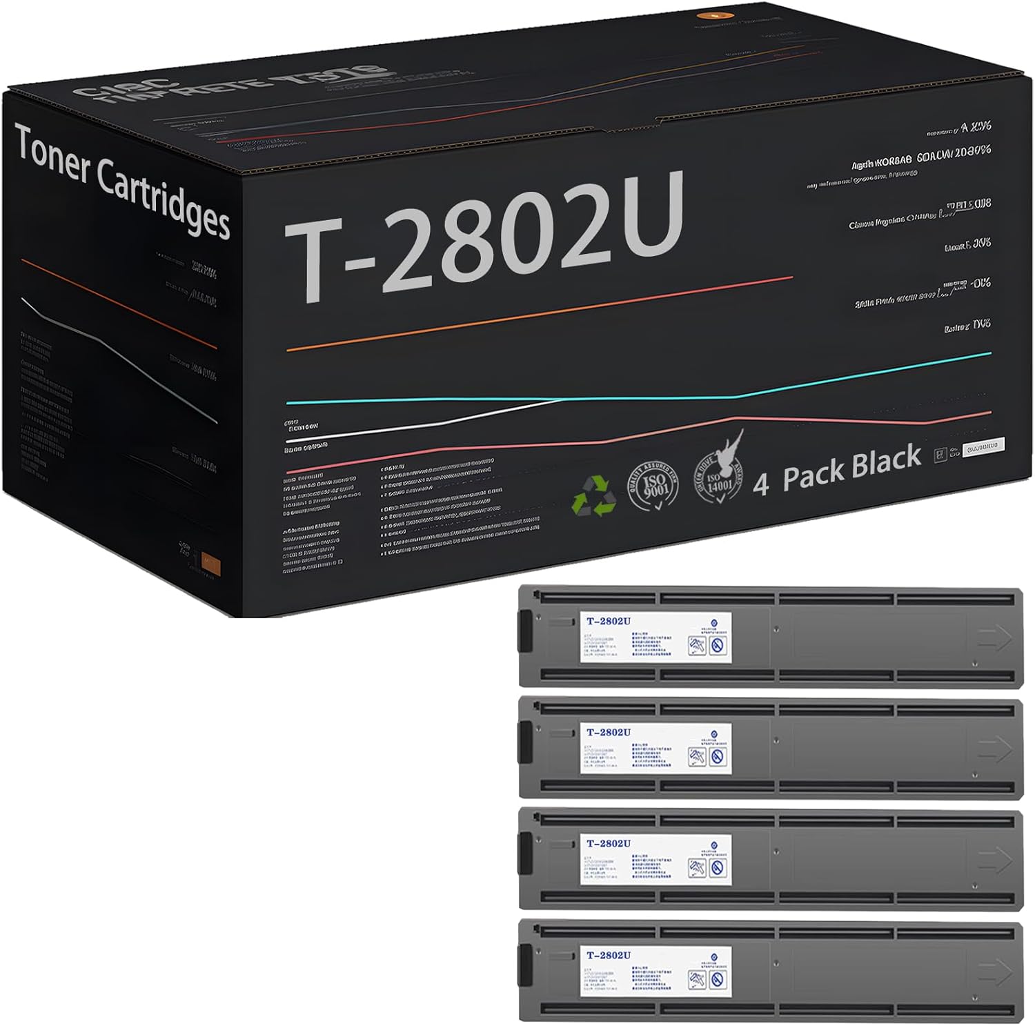 Wondrx High Yield Black T-2802 T-2802U Toner Cartridges, Compatible with Toshiba E-Studio 2802A 2802AF 2802AM Printer - Estimated Yield 7000 Pages (4 Pack Black)