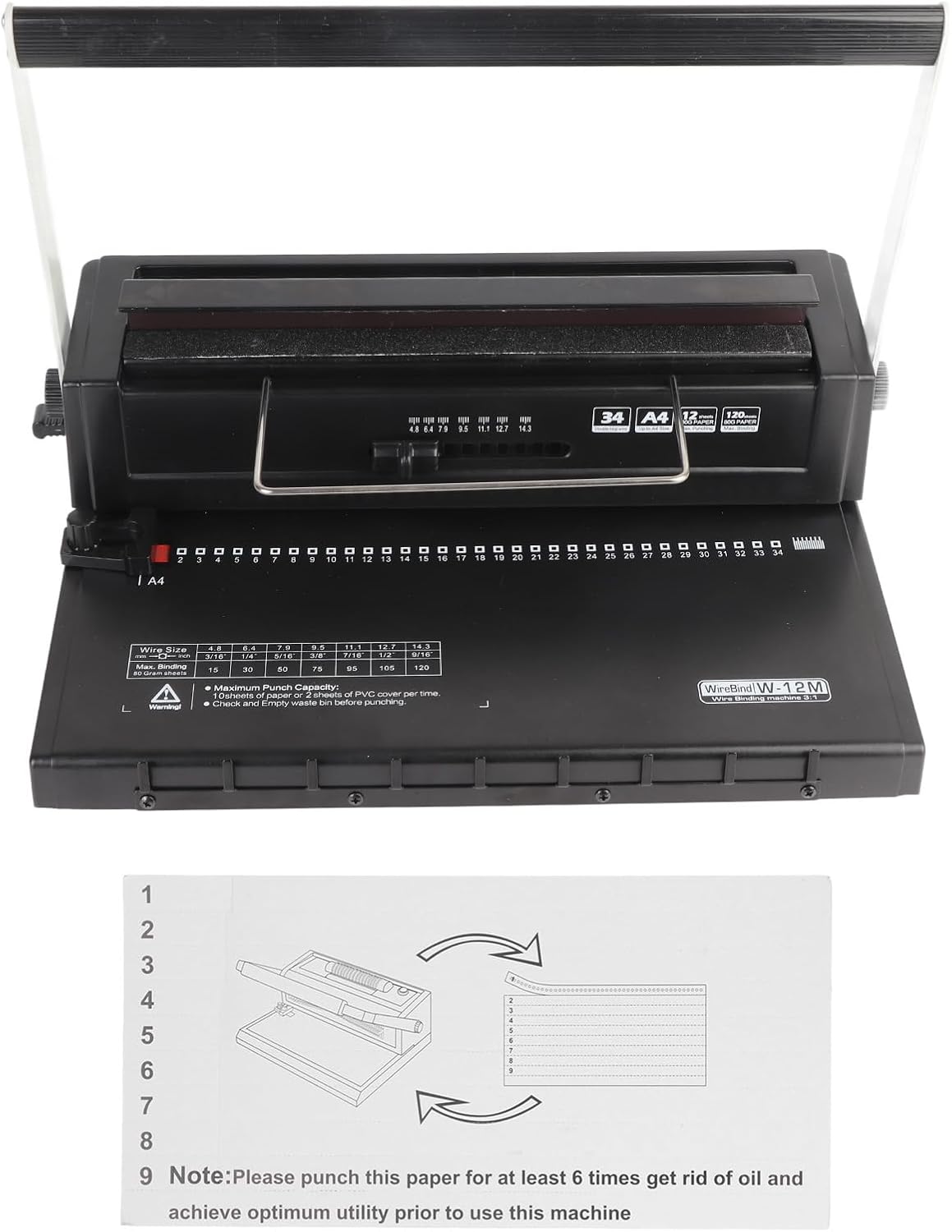 Spiral Coil Binding Machine, 34 Square Holes Punching, 12 Sheets 80g Punch Capacity, 120 Sheets Binding Capacity for A4 A5, Widely Used in Offices Schools, Easy to Operate with Hu