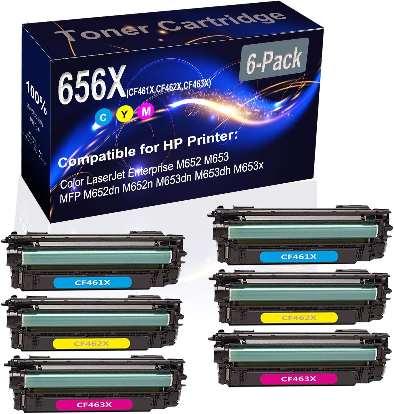 6-Pack (2C+2Y+2M) Compatible M652 M653 Laser Printer Toner Cartridge (High Capacity) Replacement for HP 656X (CF461X CF462X CF463X) Printer Toner Cartridge