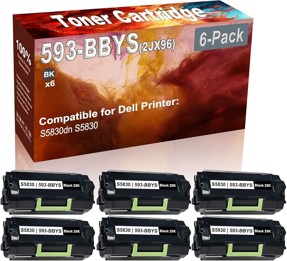6-Pack (Black) Compatible 593-BBYS (2JX96) Printer Toner Cartridge (High Capacity) fit for Dell S5830dn S5830 Printer