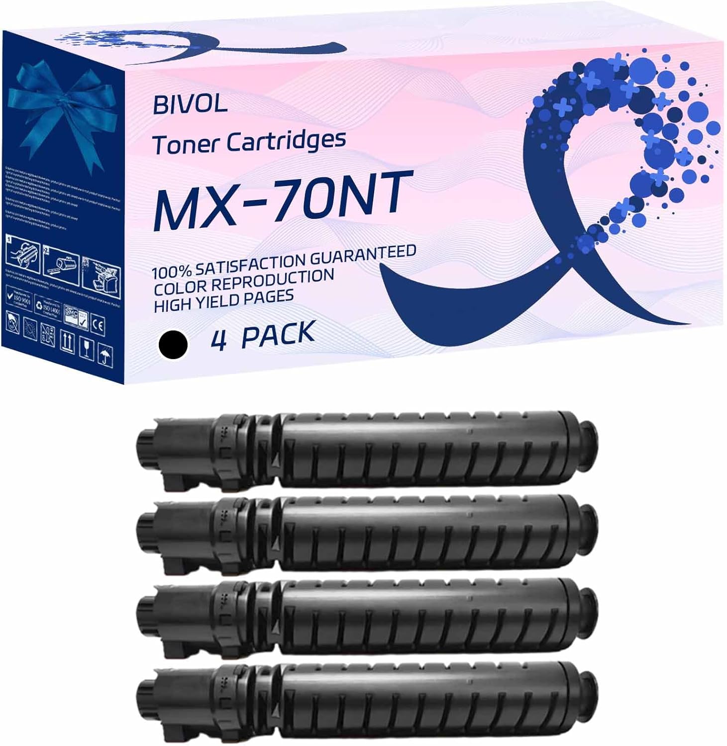BIVOL MX-70NT Toner Cartridges Compatible for Sharp MX-5500N MX-6200N MX-7000N Printers, High Yield 43000 Pages (4 Pack Black)