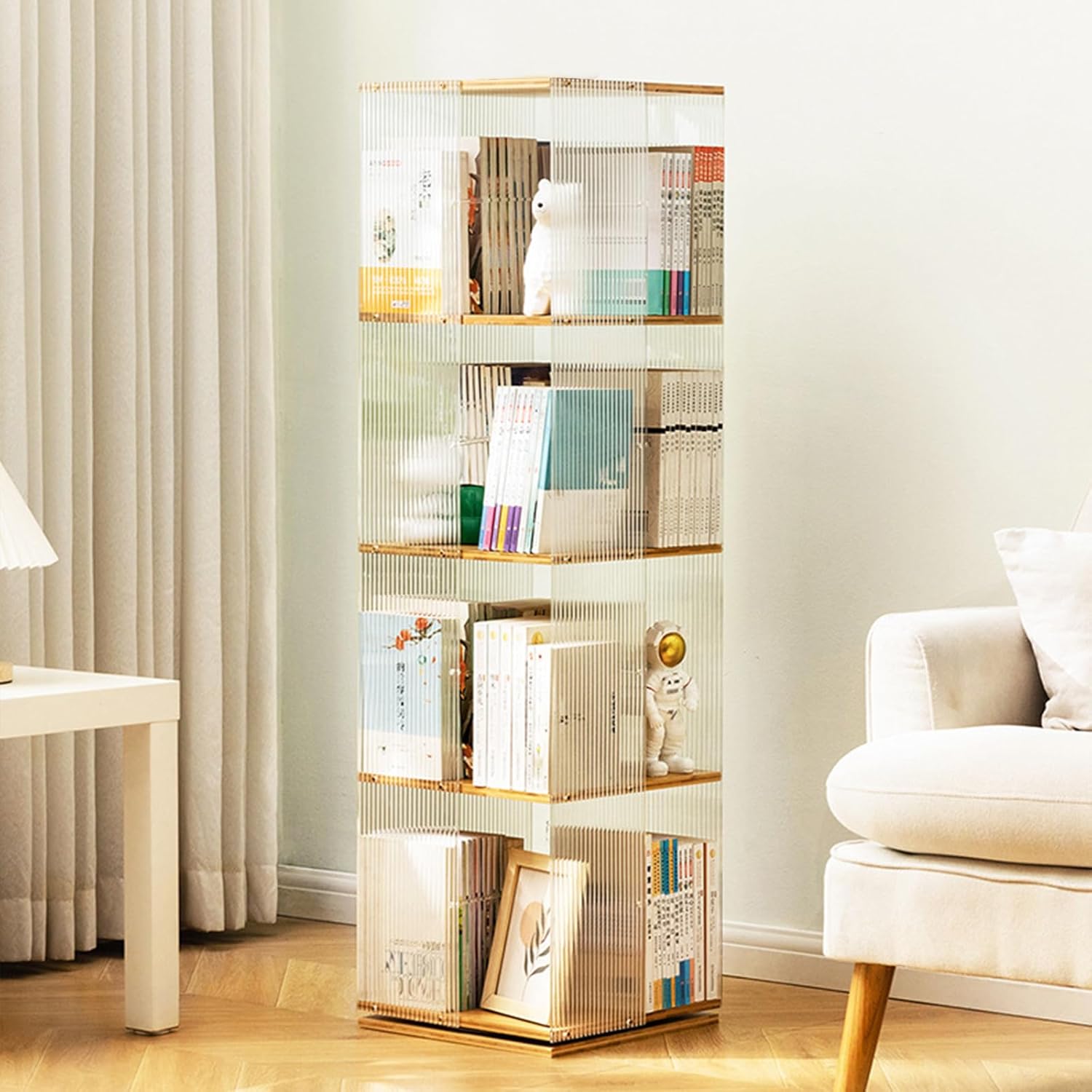 360 Display Standing Bookcase Storage Rack,Rotating Bookshelf,360 Display Standing Bookcase Storage Rack,Bamboo Rotating Storage Display Rack Standing Shelves for Bedroom, Living, Study Room