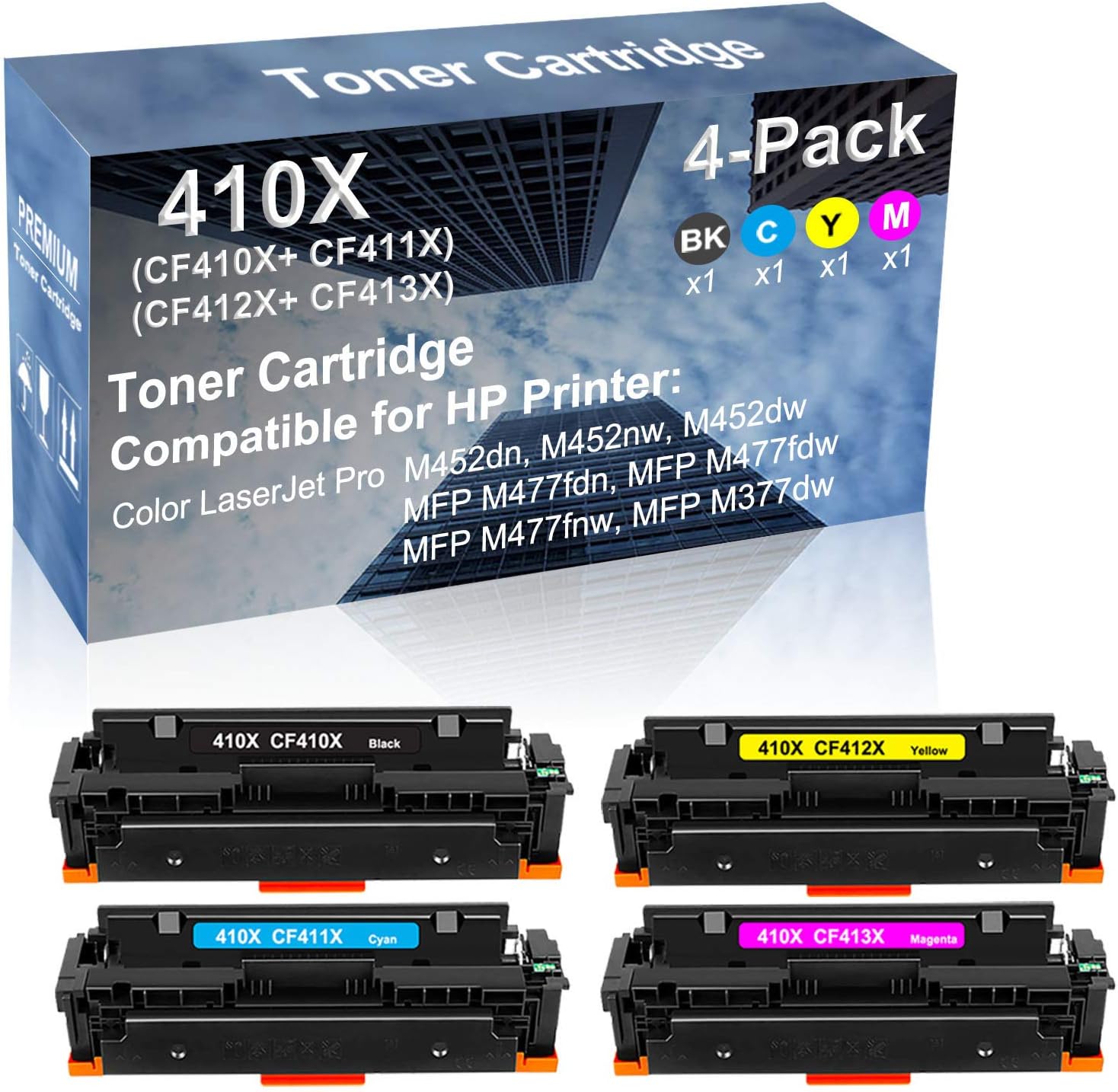 4-Pack (BK+C+Y+M) Compatible MFP M477fdn, MFP M477fdw Printer Toner Cartridge High Capacity Replacement for (CF410X+ CF411X+ CF412X+ CF413X) 410X Toner Cartridge