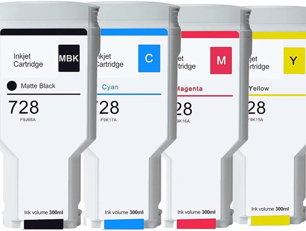 DLMELHOR 728 Ink Cartridge 4 Color(MBK,CY,MG,YL) 4 x 300ml Compatible for HP 728 Ink Cartridge F9J68A F9K17A F9K16A F9K15A Replacement for HP DesignJet T730 T830 MFP Series Printer