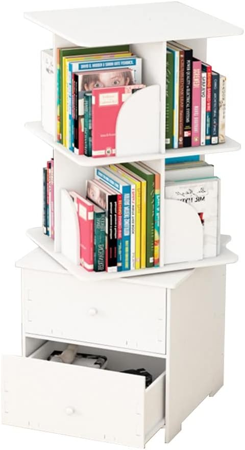 360 Degree Rotation Square Bookshelf, White Floor Standing Wooden Bookcase with Drawers Book CD Frame Display Shelf (Size : 2 Tier)