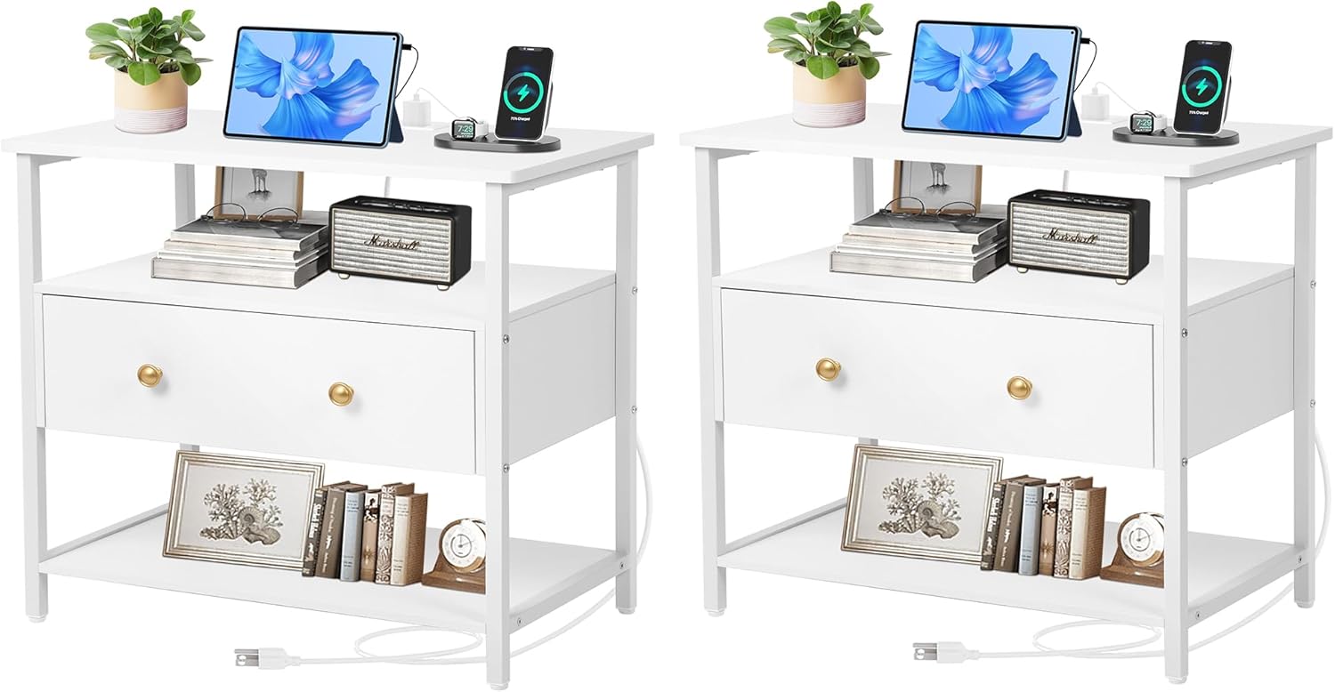 Edbuosy 27 Inch Wide Night Stand Set 2 with Charging Station, Wood Nightstand with Open Shelf, Large Drawer Bedside Table for Living Room/Bedroom/Office (White)