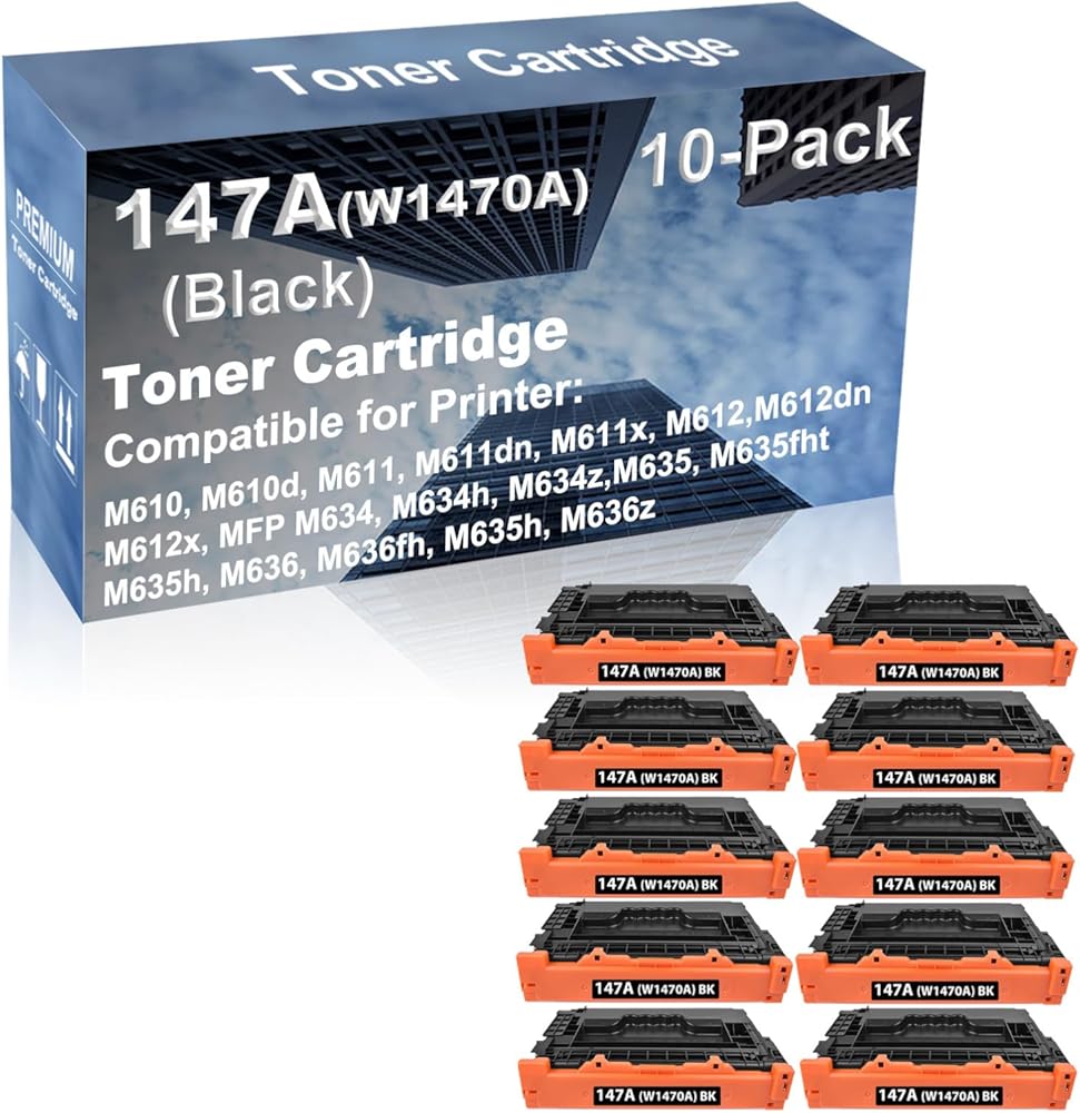 10-Pack Compatible High Capacity 147A (W1470A) Toner Cartridge use for M610, M610d, M611, M611dn, M611x, M612, M612dn, M612x Printer with Chip (Black)