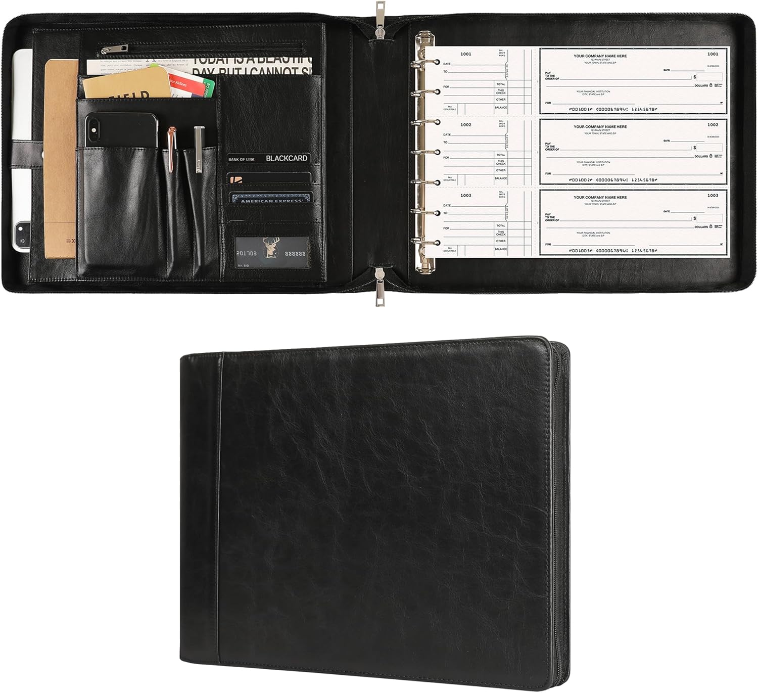 DUKE&COW Personalized 7 Ring Check Binder - Genuine Leather Business Checkbook Binder & Portfolio for Letter Size, 600 Checks Capacity, Oil Black