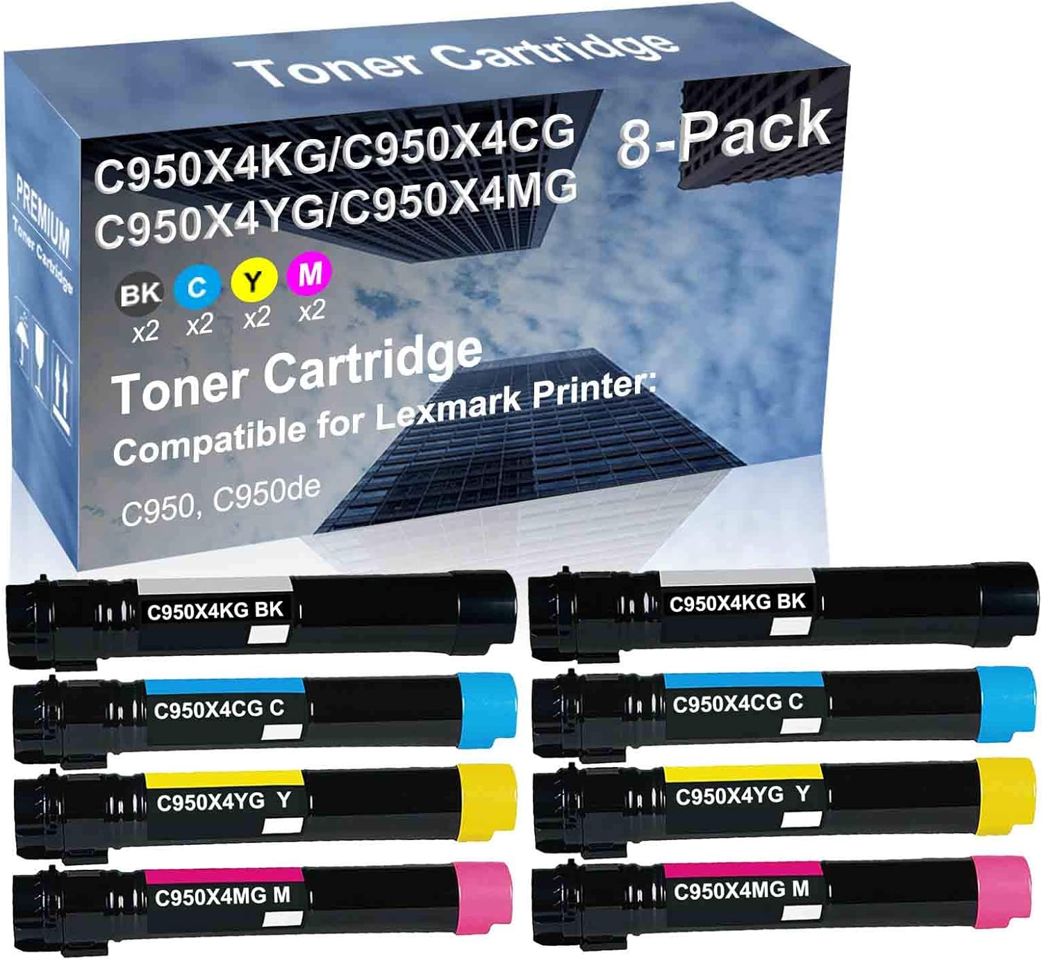 8-Pack (2BK+2C+2Y+2M) Compatible High Yield C950X4KG+ C950X4CG+ C950X4YG+ C950X4MG Laser Printer Toner Cartridge Used for Lexmark C950, C950de Printer