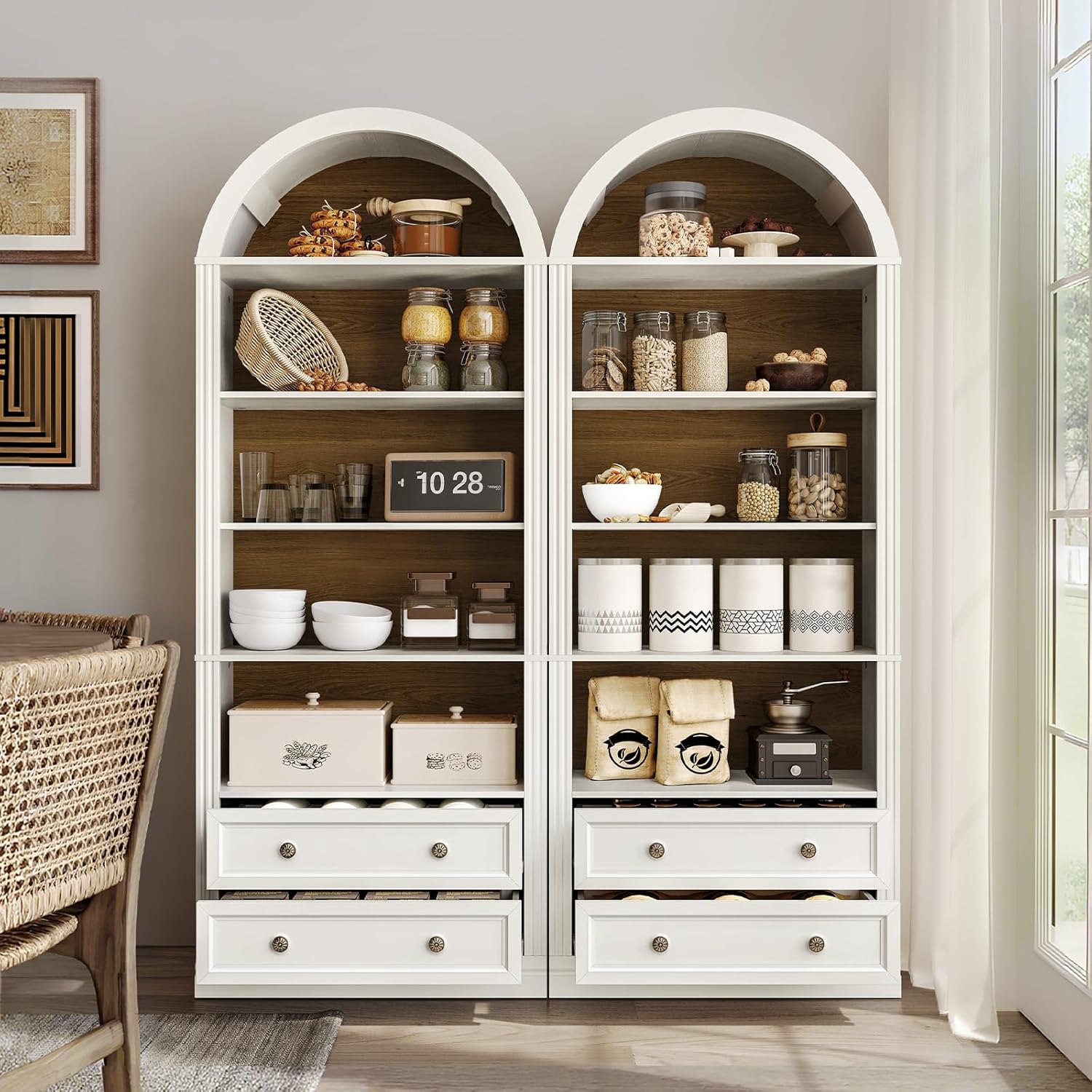 RALGEND Farmhouse Arched Bookshelf Set of 2, 7 Tiers Arch Bookcase with 2 Spacious Drawers, Modern Book Shelf with Open Display Shelves and Storage Cabinet, for Office, Living Room, Walnut and White