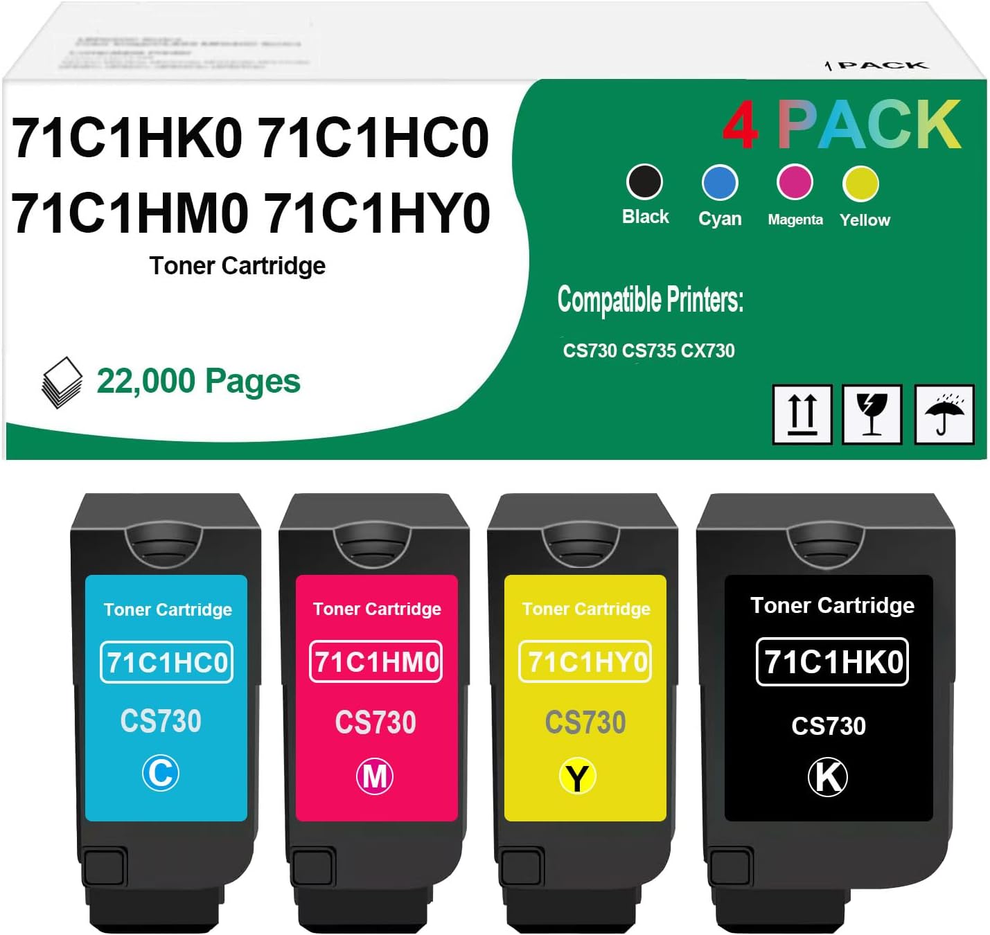 ASANSH 71C1HK0 71C1HC0 71C1HY0 71C1HM0 Toner Cartridge Use for CS730 CS735 CX730 Printers (4 Pack)