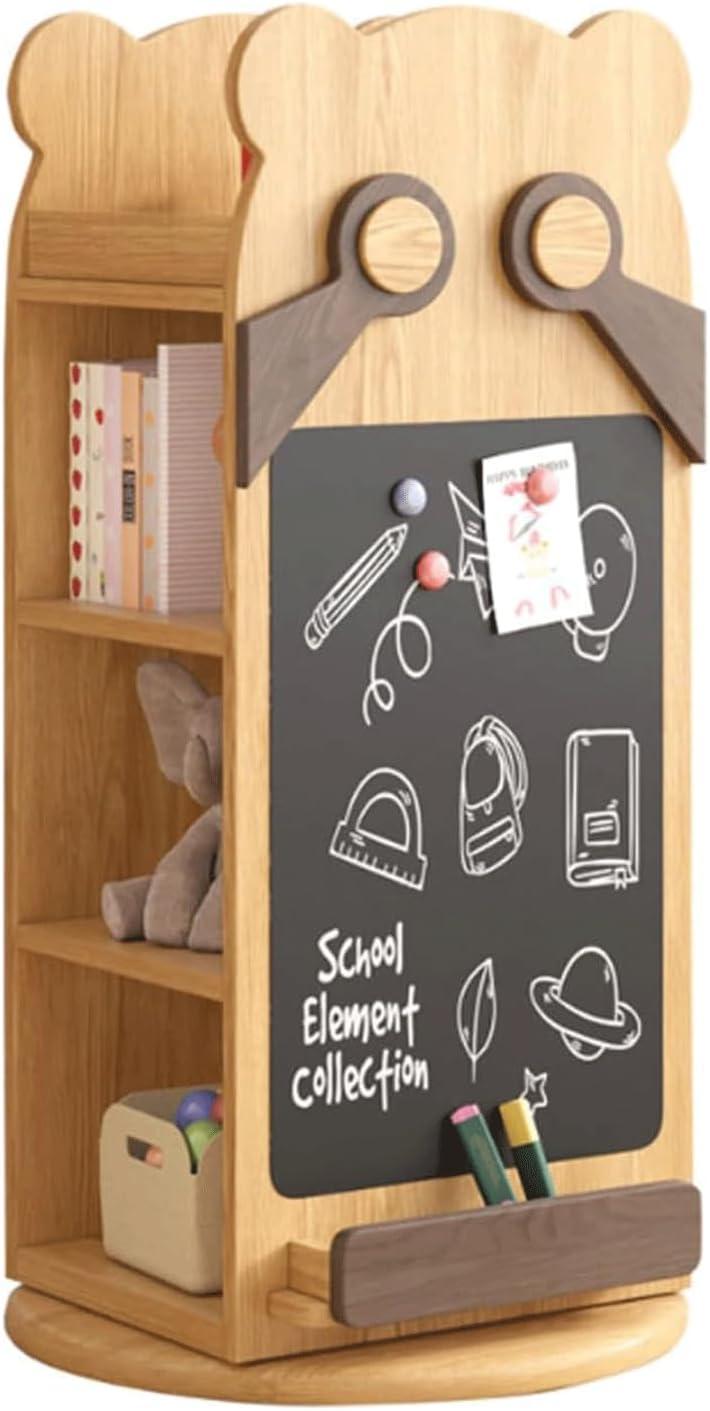 SAAKO 360° Rotating Bookshelf MDF Bookshelf Creative Fun Kids Bookshelves with Self Adhesive Magnetic Chalkboard Rack Bookcase