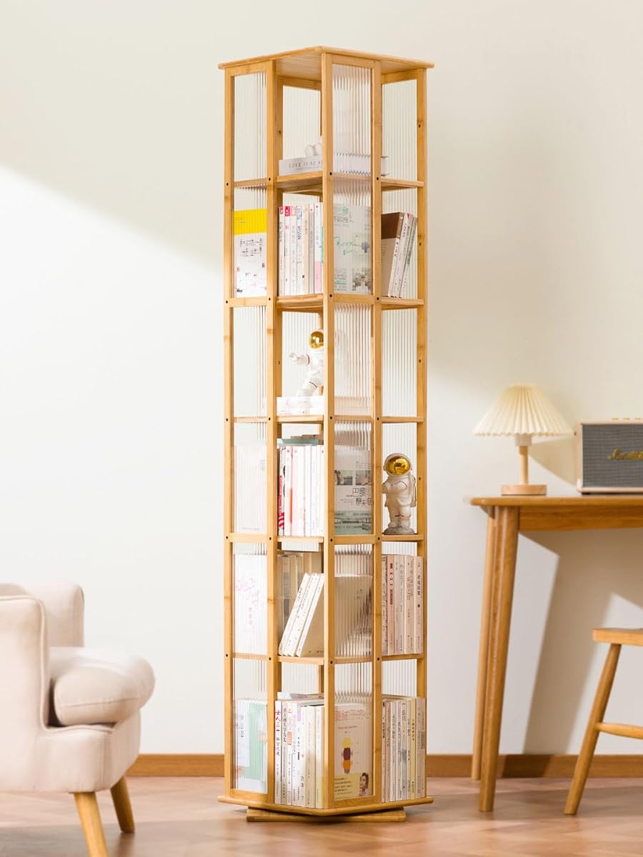 6 Tiers Rotating Bamboo Bookshelf,360° Revolving Bookshelf,Stackable-Shelf Organizer,Book Shelf Tower,Corner Book-Shelf,Floor Standing Bookcase Storage Rack for Bedroom,Living Room (Natural)
