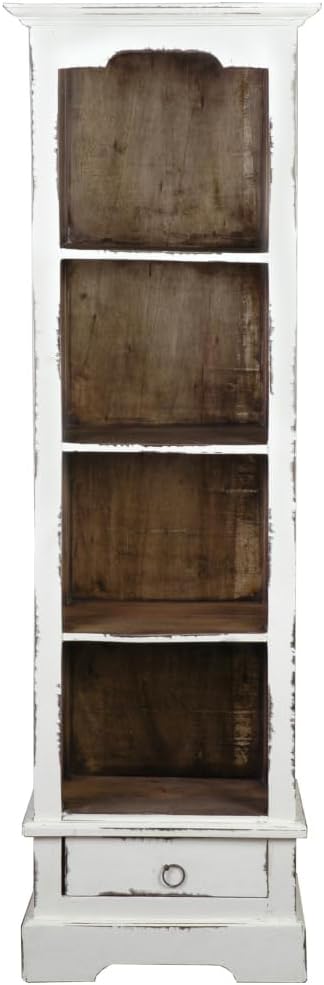 HomeStock Narrow Bookcase, Distressed White/Raftwood Brown Solid Wood, Fully Assembled Tall Shelf Cabinet