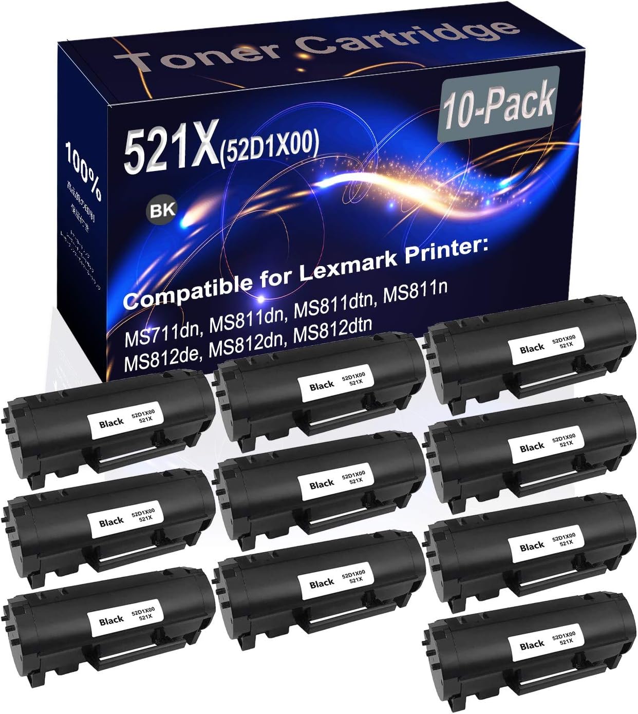 Kolasels 10-Pack (Black) Compatible High Yield 521X 52D1X00 Extra Printer Cartridge use for MS711dn MS811dn MS811dtn MS811n MS812de MS812dn MS812dtn Printer