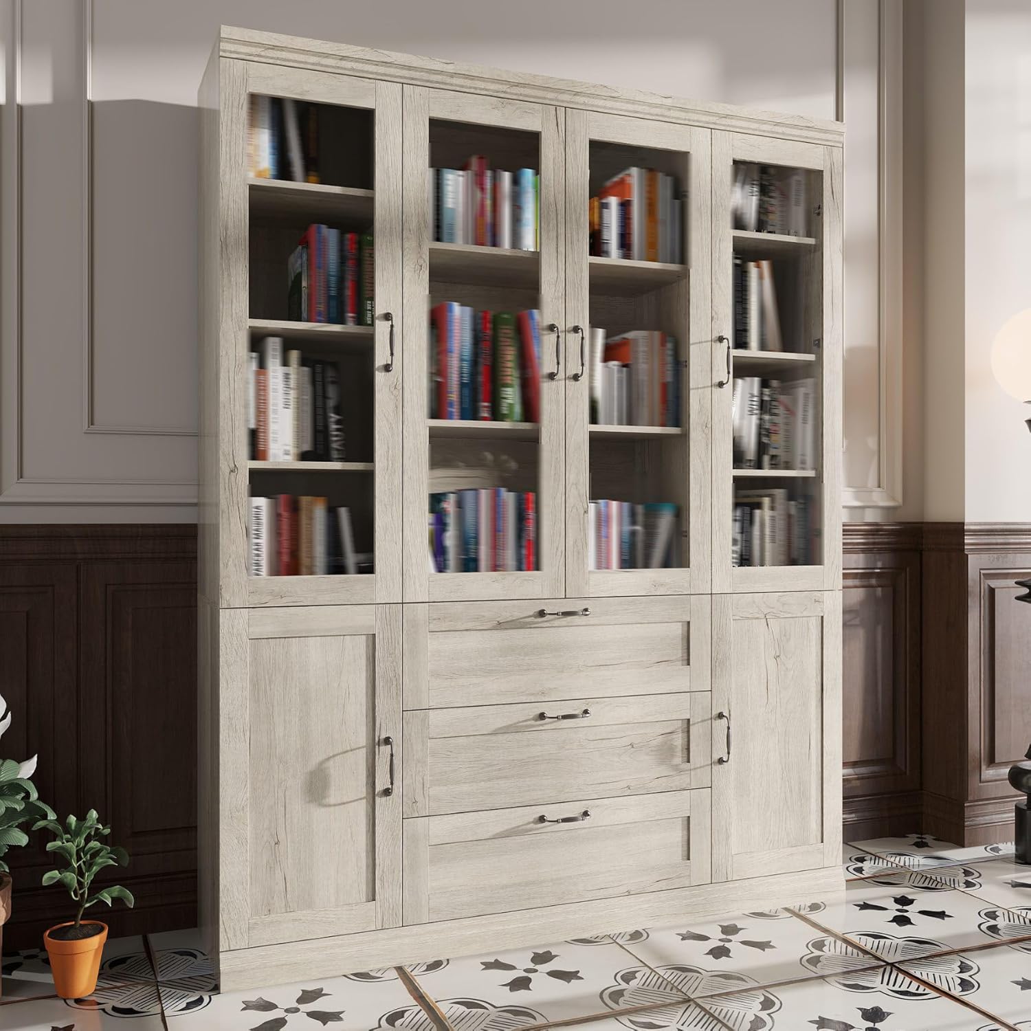 Timechee Large Wide Book Shelf with Drawers,79.9