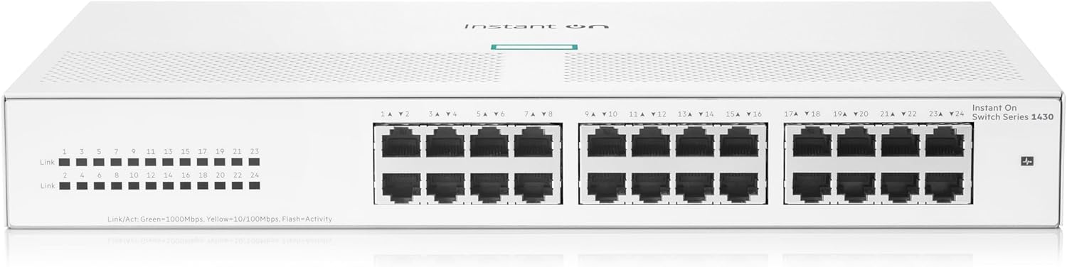 HPE Networking Instant On Switch Series 1430 24-Port Gb Unmanaged Layer 2 Ethernet Switch | 24x 1G | Fan-Less | US Cord (R8R49A#ABA)