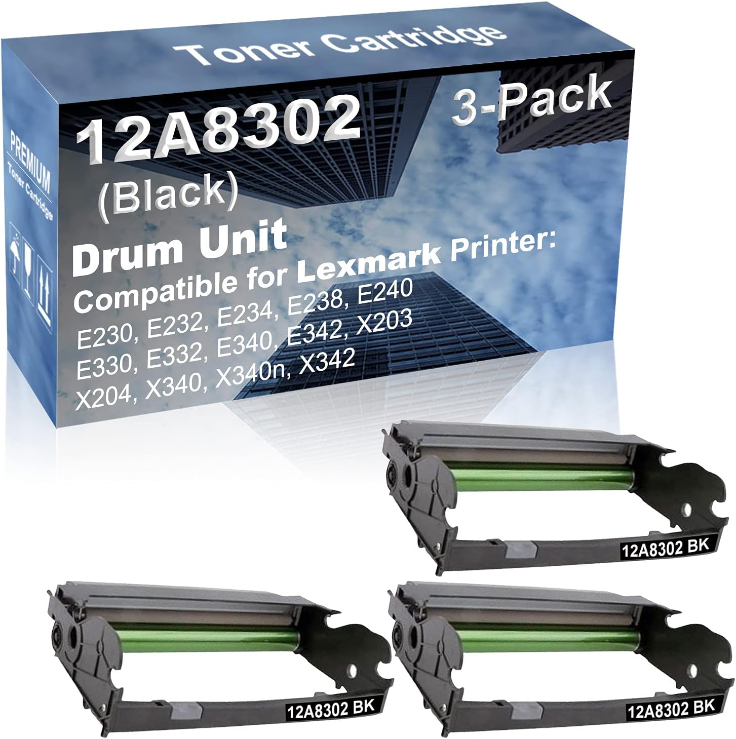 3-Pack (Black) Compatible E330, E332, E340, E342 Printer Drum Unit Replacement for Lexmark 12A8302 X340H22G Drum Kit