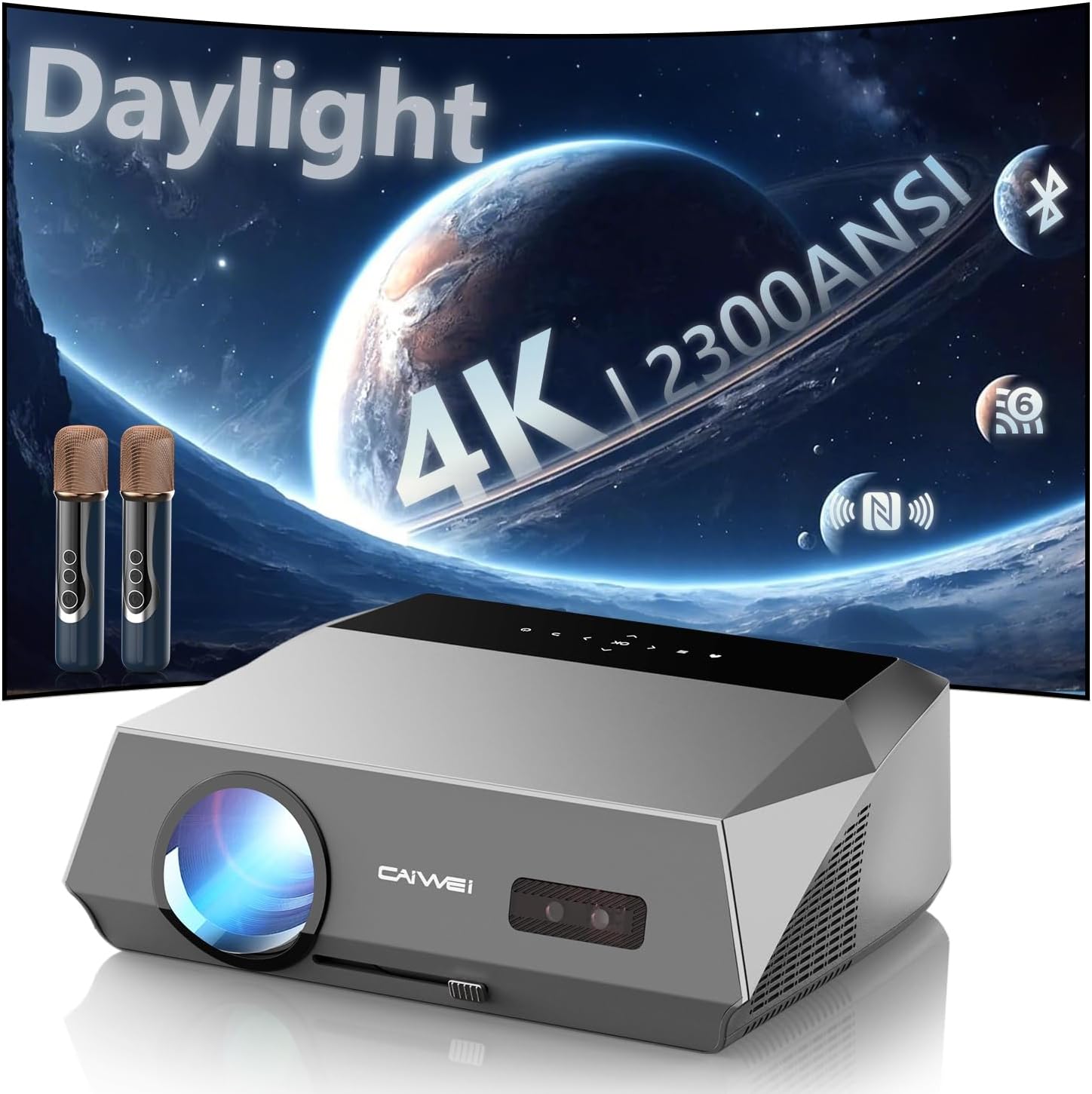 Smart Daytime 4K Projector HDR 2300ANSI with WiFi, Bluetooth, NFC, Apps, Auto Focus/Keystone,Ultra HD 1080P Movie Gaming Karaoke Projector with 2 HDMI ARC, 2 USB, 2 Mics for Home Theater Party TV Golf