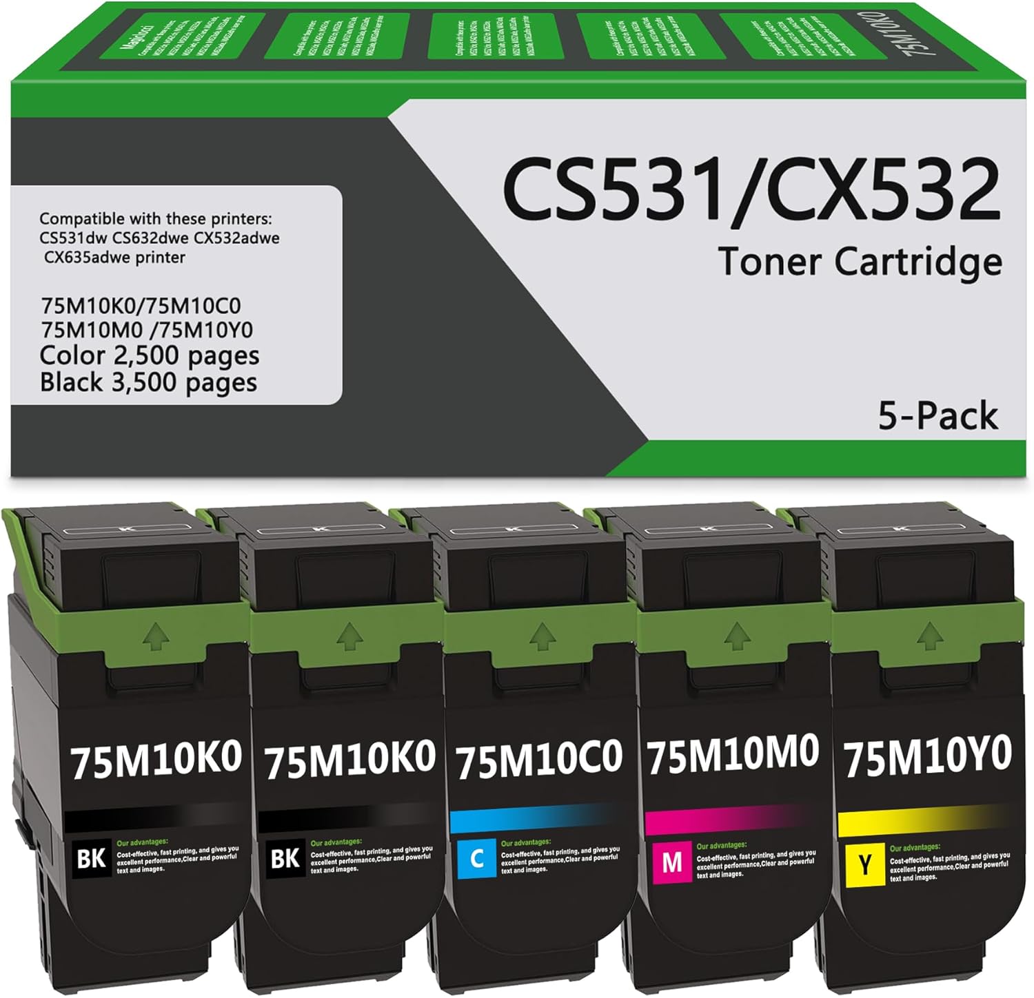 VIGUSI CS531 CX532 High Yield Toner Cartridge 75M10K0 75M10C0 75M10M0 75M10Y0 Replacement for Lexmark CS531dw, CS632dwe, CX532adwe, CX635adwe Printer(5Pack,2BK/C/Y/M)