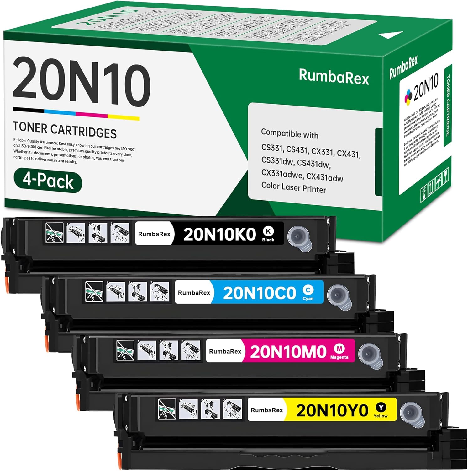 CS331 CX331 Toner Cartridge Set 20N10 4-Color Replacement for Lexmark 20N10K0 20N10C0 20N10M0 20N10Y0 Toner Cartridge for CS331 CS431 CX331 CX431 CS331dw CS431dw CX331adwe CX431adw Printer Ink