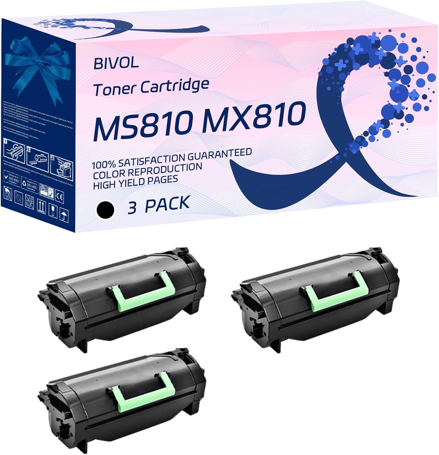 BIVOL MS810 MX810 Toner Cartridge Compatible for Lexmark MX810dte MX810dtme MX810dxme Printers, with Chip, High Yield 35000 Pages, Vivid Colors (3 Pack Black)