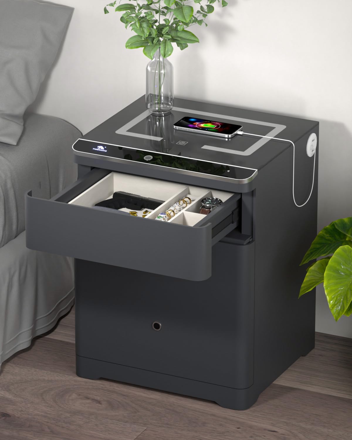 TIGERKING 3-in-1 Biometric Heavy Duty Safe, Smart Home Safes with Charging Station, Gun Drawer Safe Adjustable Lighting with USB & Type-C Port for Bedroom Office, Gray