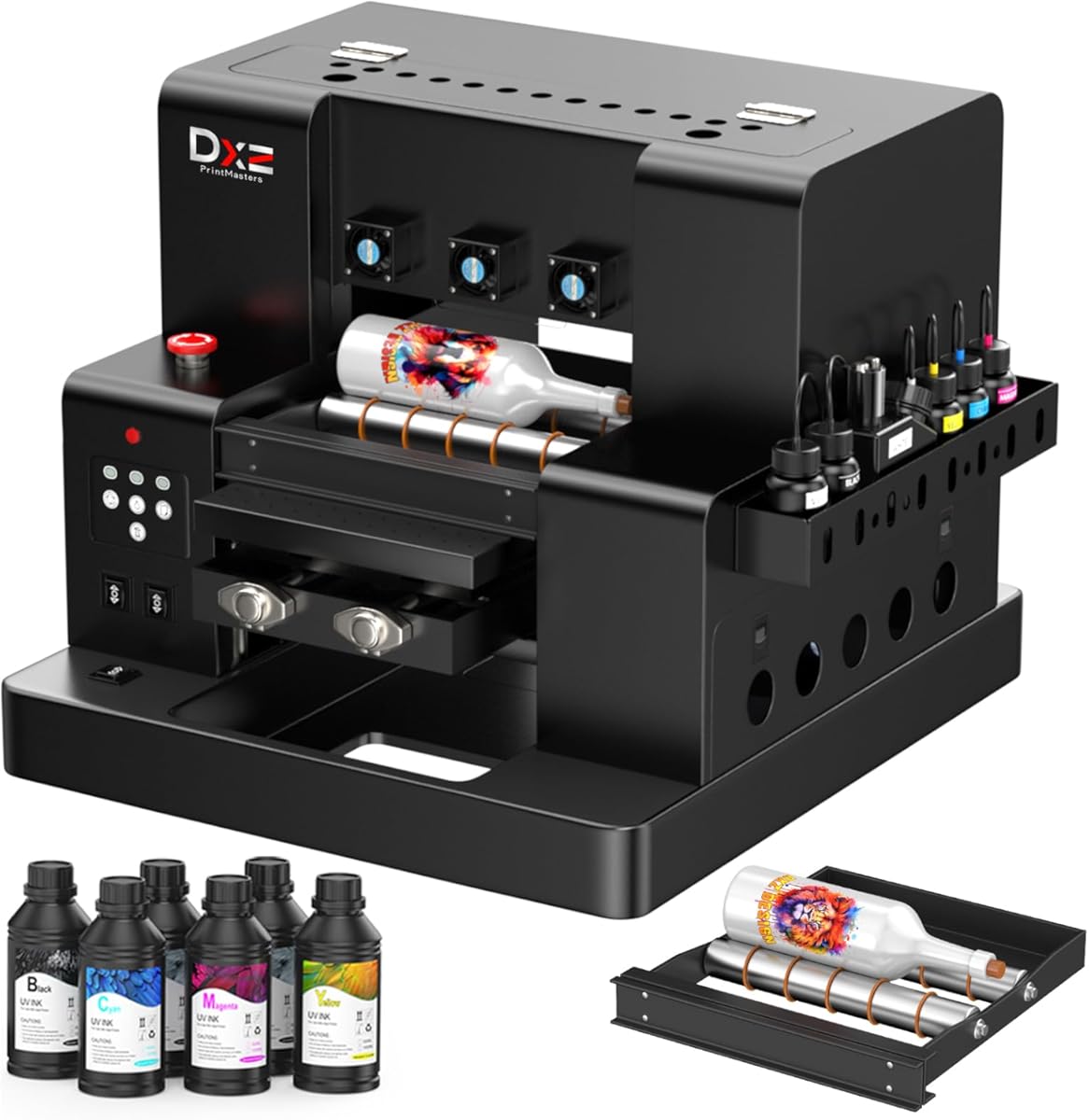 DXZ Upgraded A4 UV Printer with L805 6-Color Printhead, Vacuum Platform & White Ink System – High-Resolution Flatbed Printing for Phone Cases, Bottles & More,2-Year Ink Included （Printer+Ink）