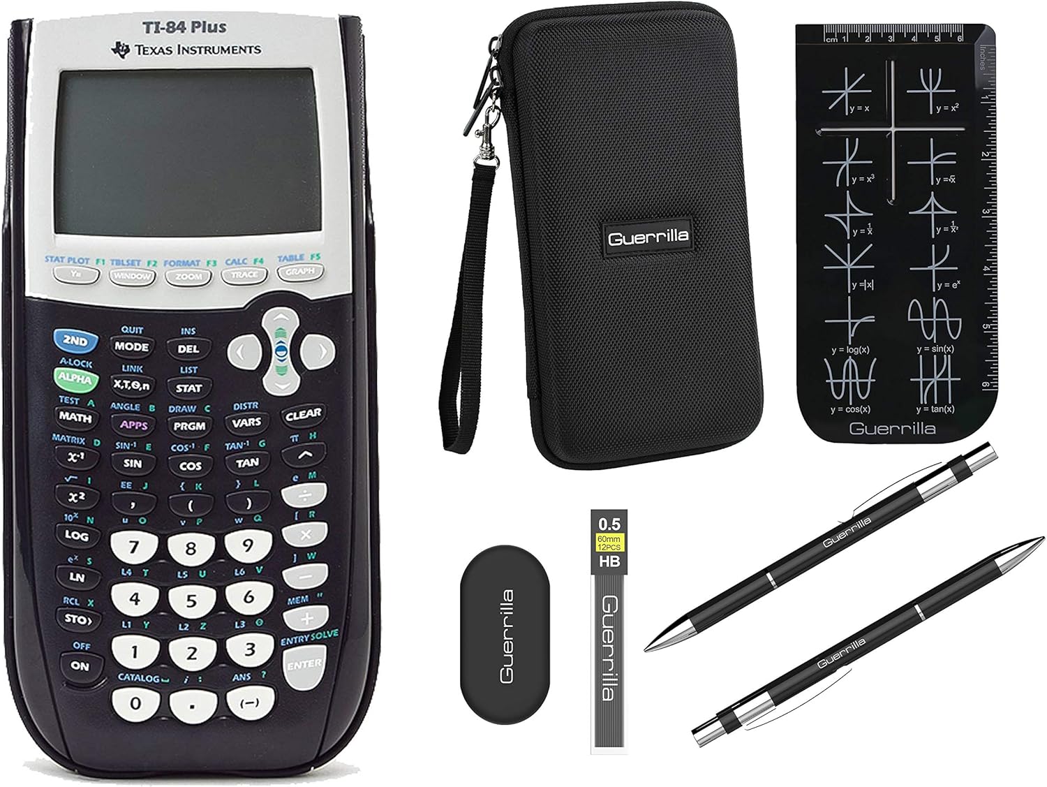 Texas Instruments TI-84 Plus Graphing Calculator + Guerrilla Zipper Case + Essential Graphing Calculator Accessory Kit (Black)