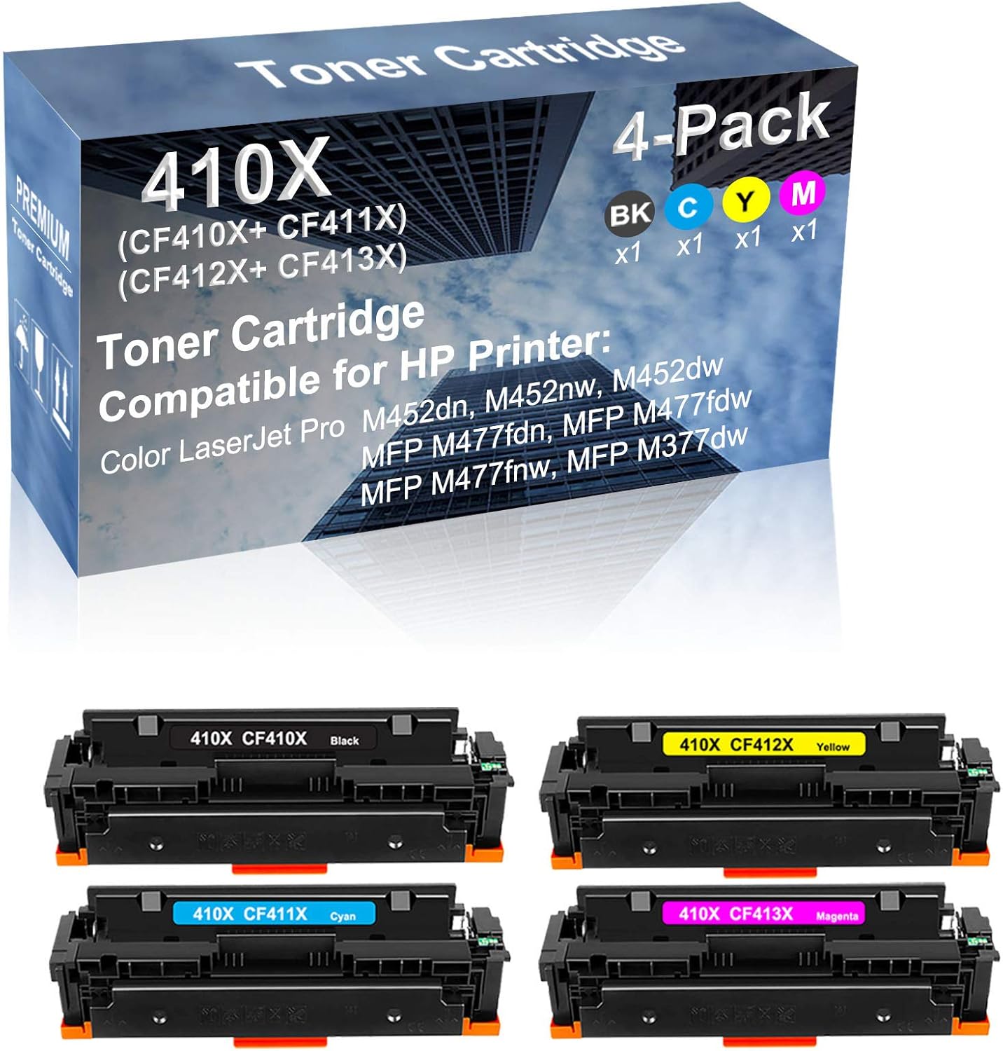 4-Pack (BK+C+Y+M) Compatible High Capacity 410X (CF410X+ CF411X+ CF412X+ CF413X) Toner Cartridge use for M452dn M452nw M452dw Printer