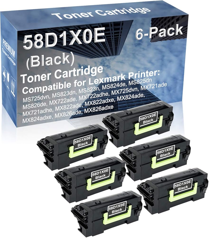 6-Pack Compatible High Capacity 58D1X0E Printer Cartridge use for MX722ade, MX722adhe, MX725dvn, MX721ade, MX721adhe, MX822ade Printer (Black)