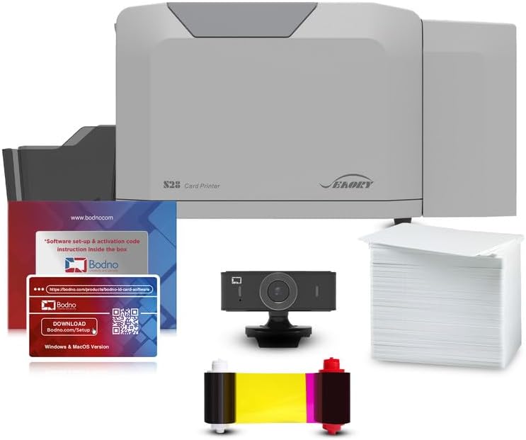 Bodno Seaory S28 Dual Sided ID Card Printer & Complete Supplies Package ID Software and Camera - Gold Edition