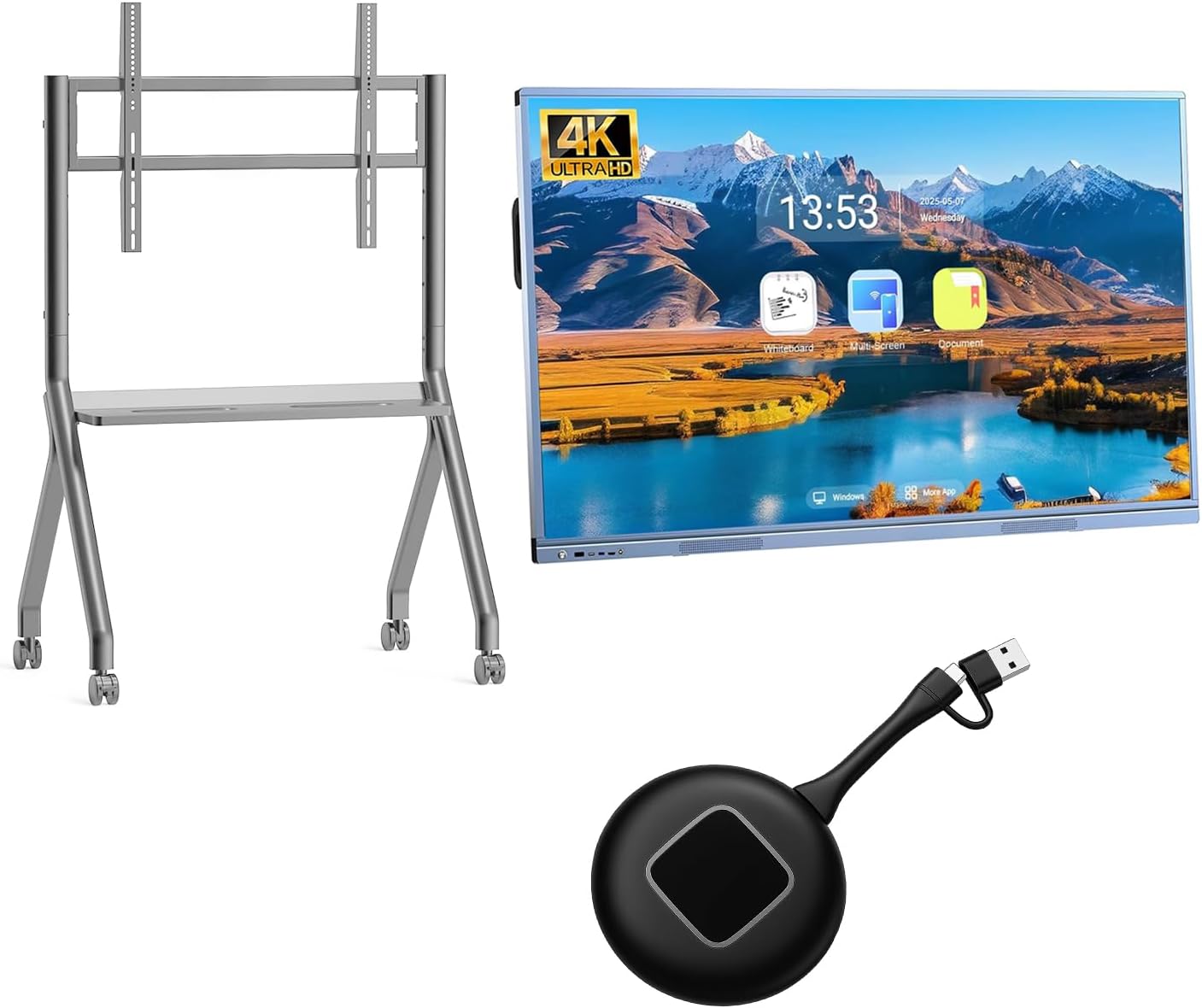 55'' Smart Board with VASE Stand and Wireless Display Adapter, Interactive Whiteboard, 4K Electronic Digital Whiteboard with Dual System, Touchscreen Smart Board for Classroom, Office and Home